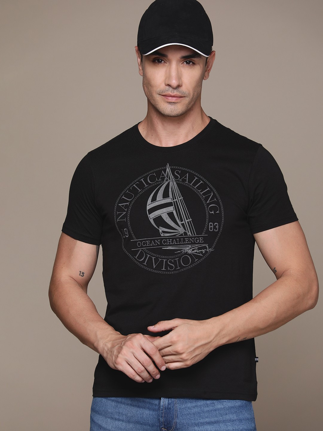 

Nautica Brand Logo Embroidered Pure Cotton T-shirt, Black