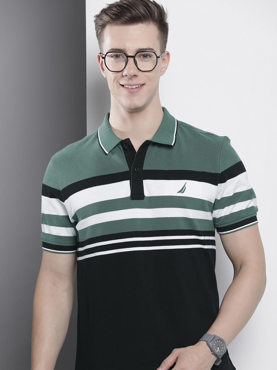 

Nautica Striped Polo Collar Pure Cotton T-shirt, Green