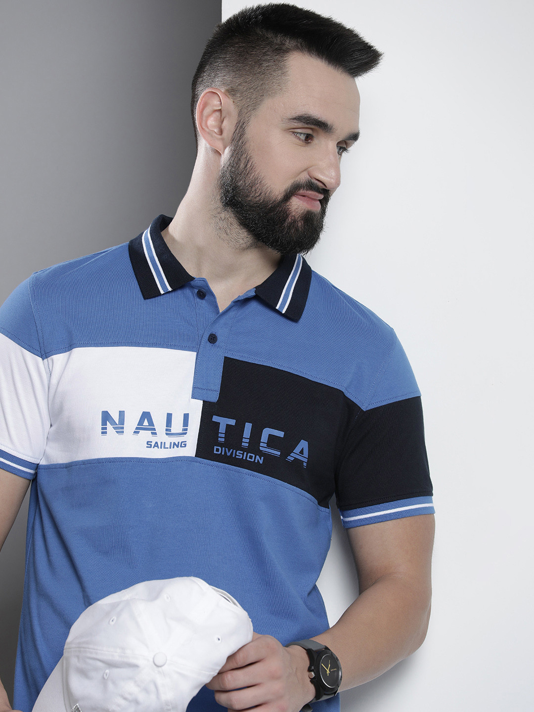 

Nautica Brand Logo Printed & Colourblocked Polo Collar Pure Cotton T-shirt, Blue