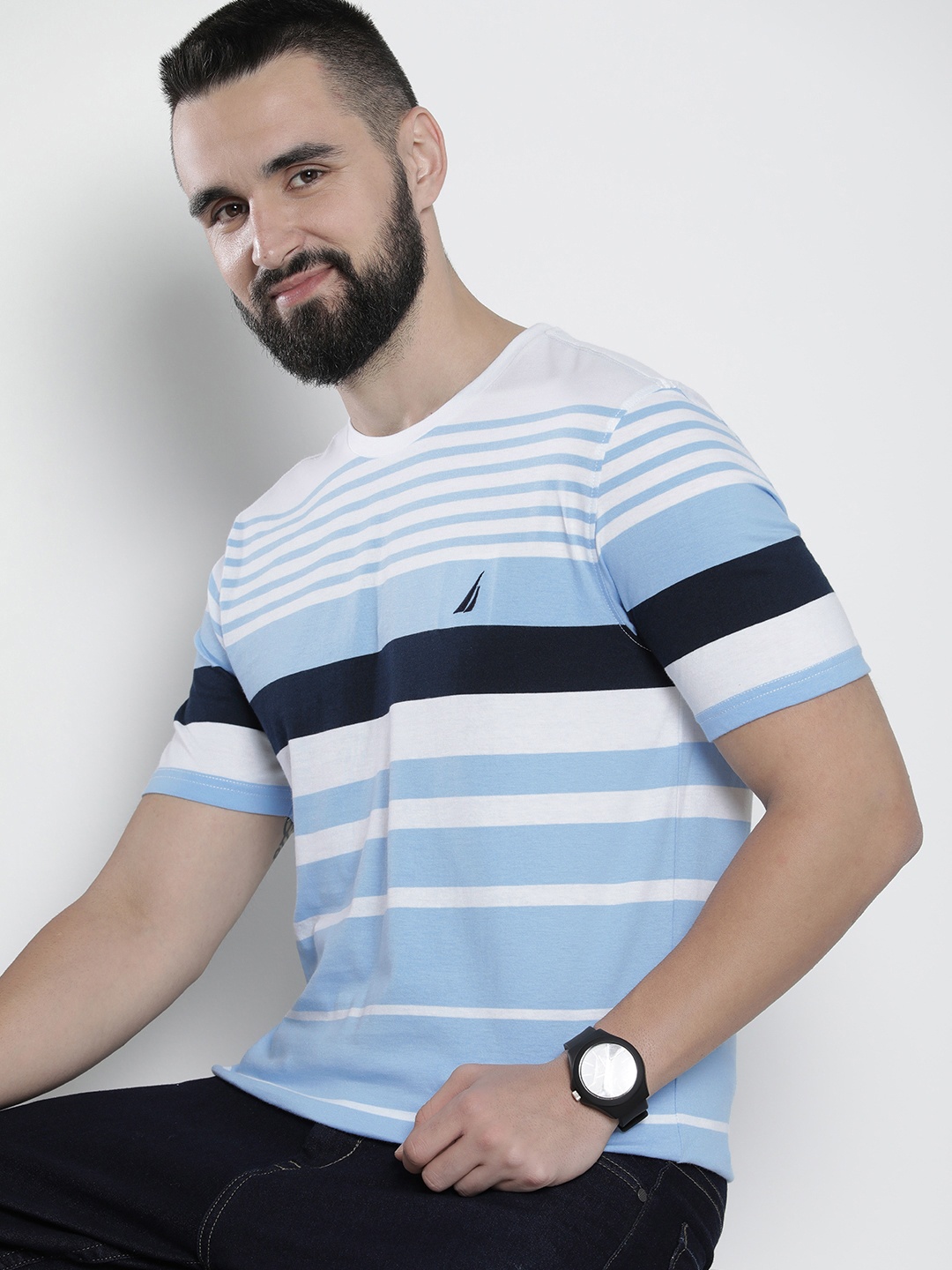 

Nautica Striped Pure Cotton Casual T-shirt, Blue