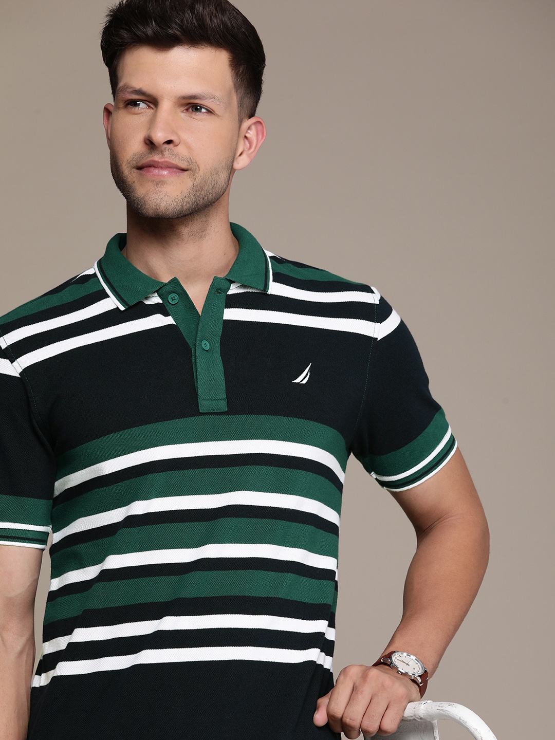 

Nautica Striped Polo Collar Pure Cotton T-shirt, Green