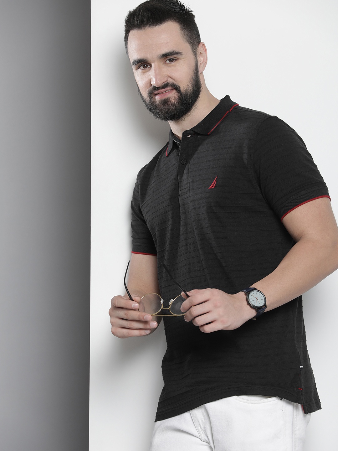 

Nautica Self Design Polo Collar Pure Cotton T-shirt, Black