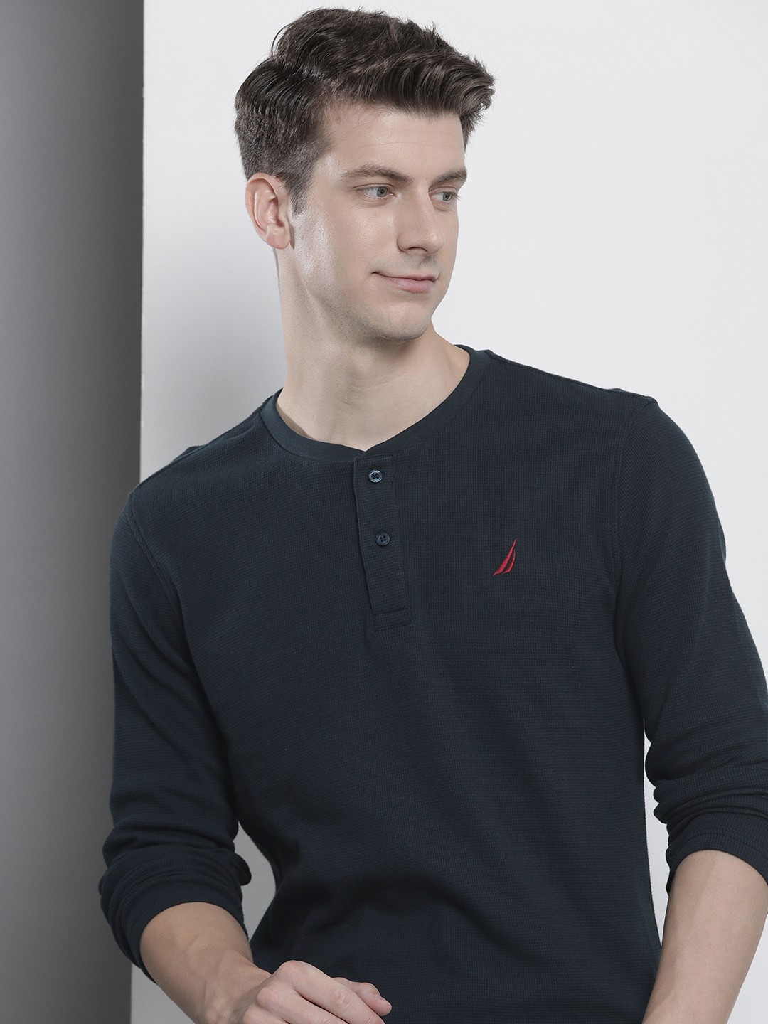 

Nautica Self Design Henley Neck Pure Cotton T-shirt, Navy blue