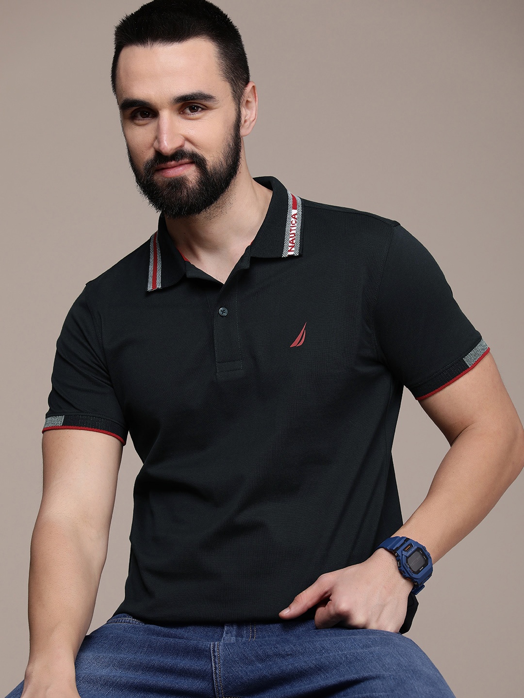

Nautica Pure Cotton Solid Polo Collar Casual T-shirt, Navy blue