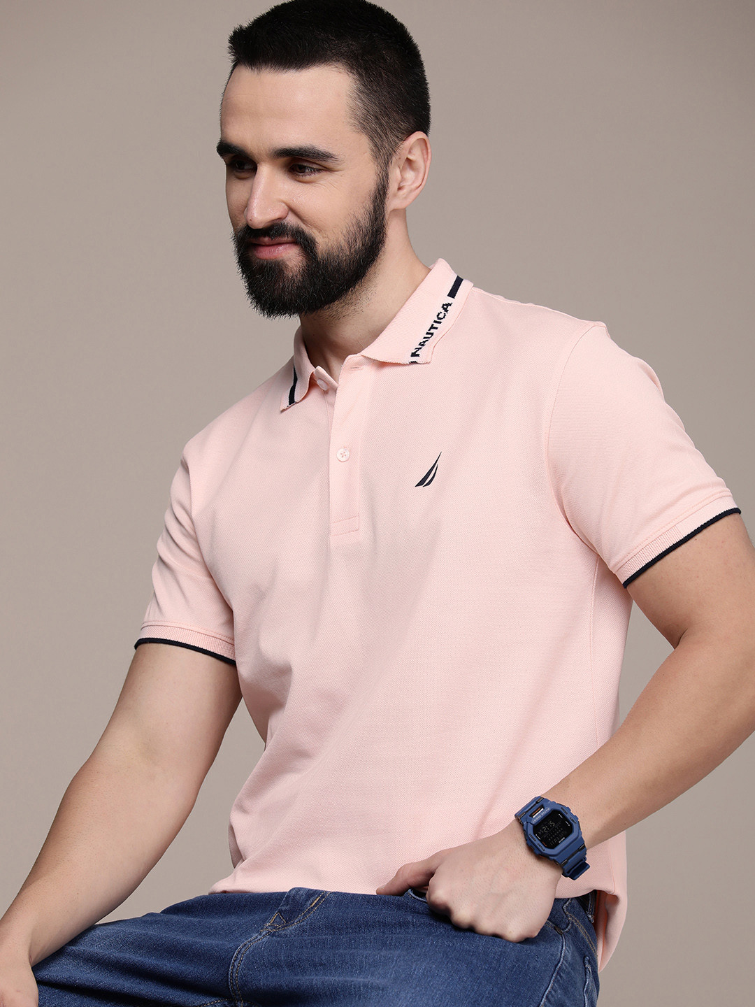 

Nautica Pure Cotton Solid Polo Collar Casual T-shirt, Peach