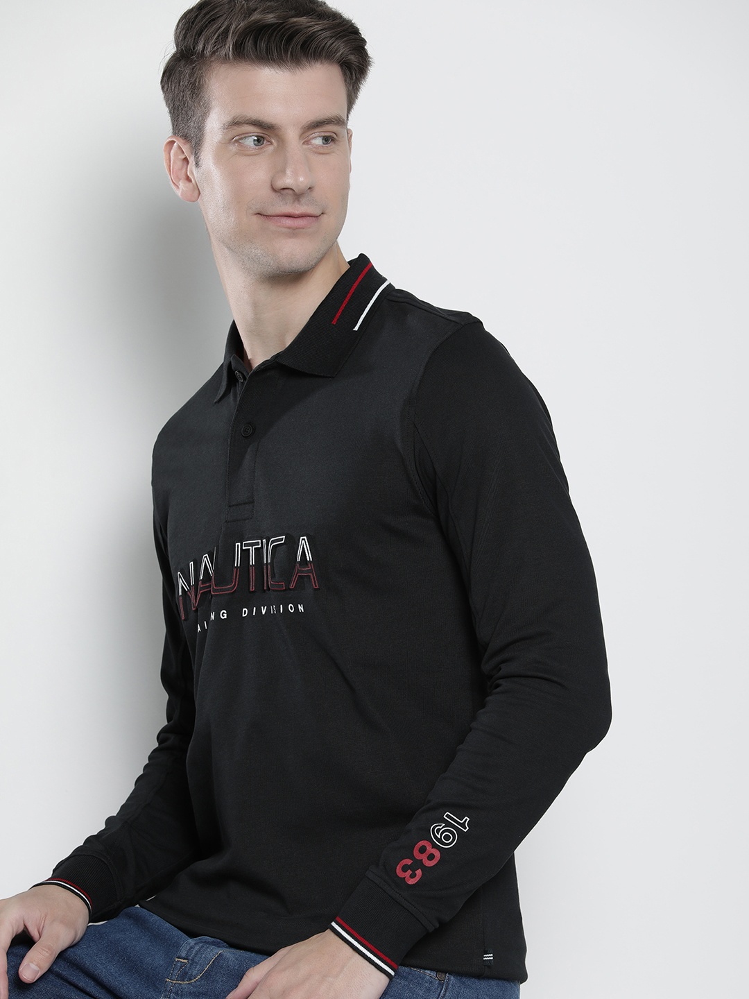 

Nautica Brand Logo Printed Polo Collar Pure Cotton Applique T-shirt, Black