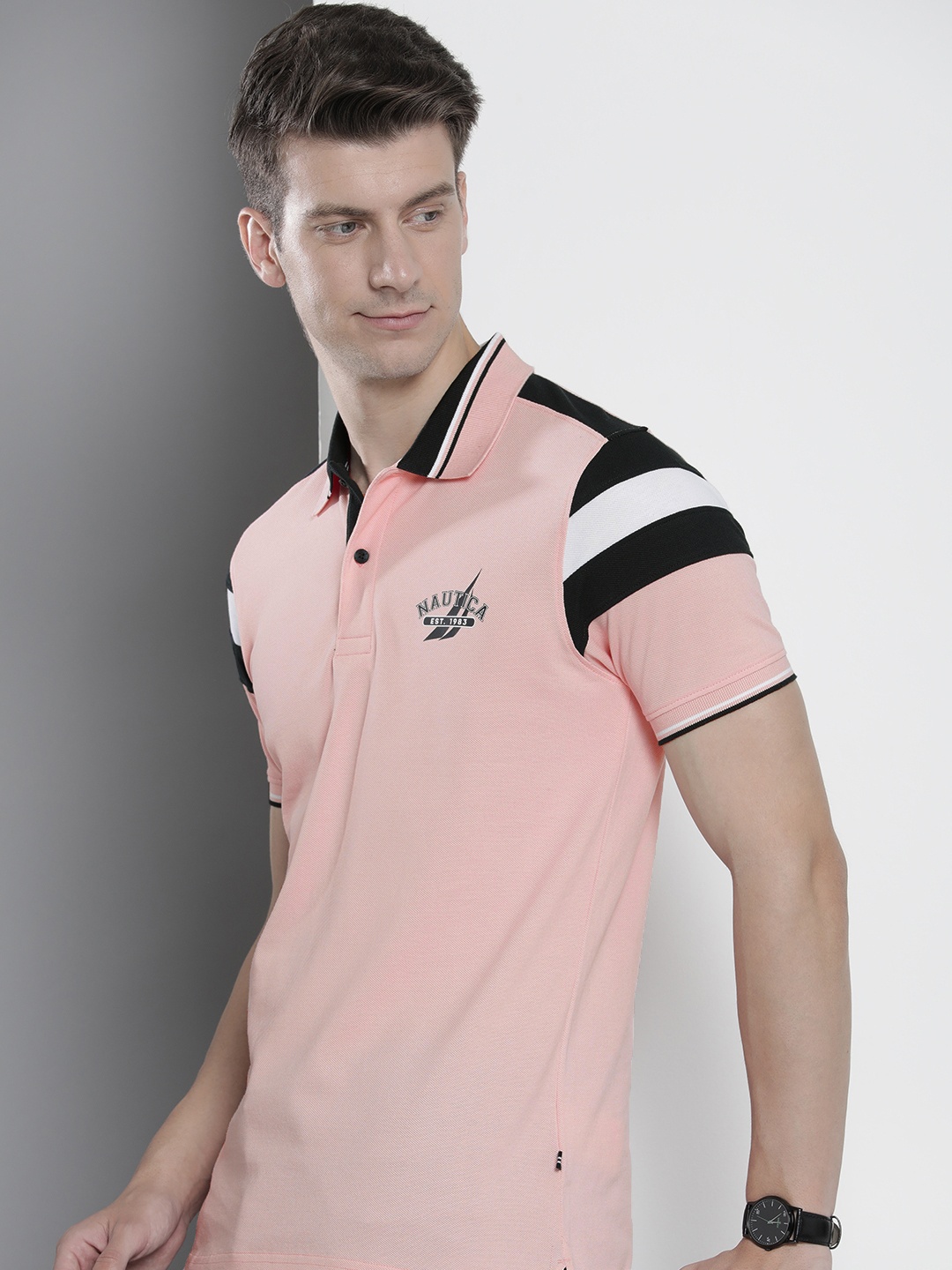 

Nautica Brand Logo Printed Polo Collar Pure Cotton T-shirt, Peach