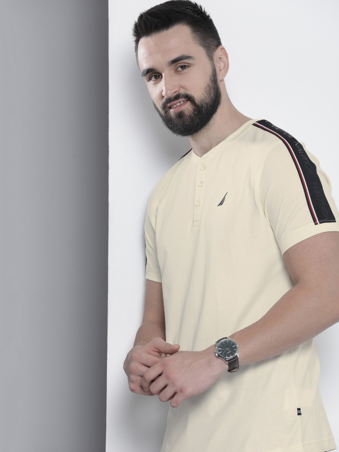 

Nautica Solid Henley Neck Pure Cotton Casual T-shirt, Yellow