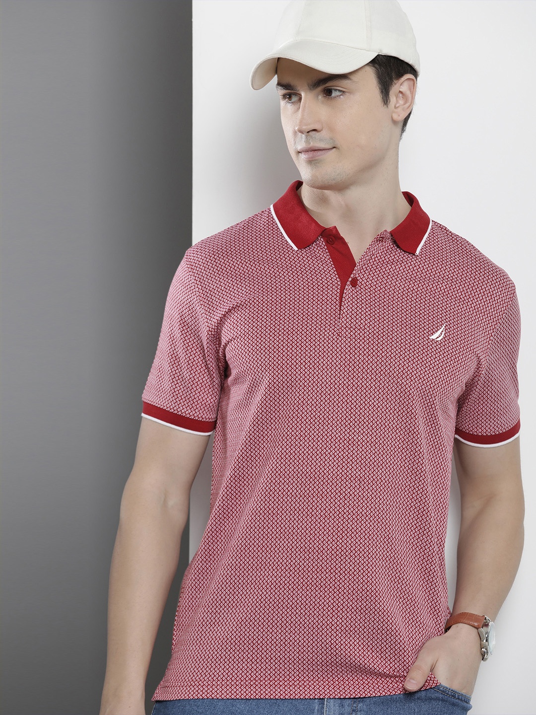 

Nautica Printed Polo Collar Pure Cotton T-shirt, Red