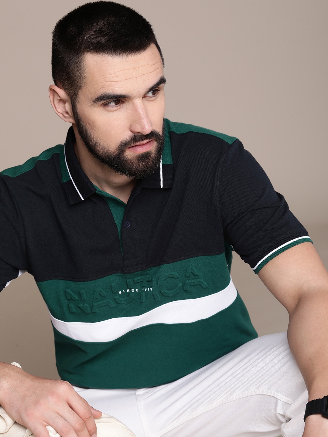 

Nautica Colourblocked Brand Logo Embossed Polo Collar Pure Cotton T-shirt, Black