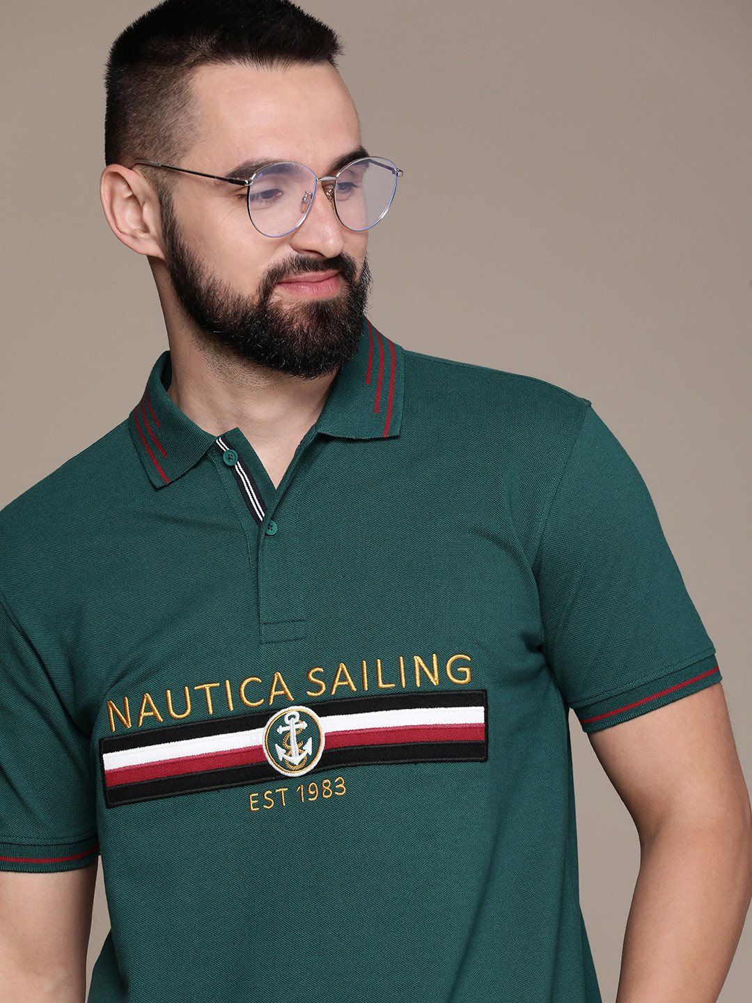 

Nautica Brand Logo Embroidered Polo Collar Pure Cotton T-shirt, Green