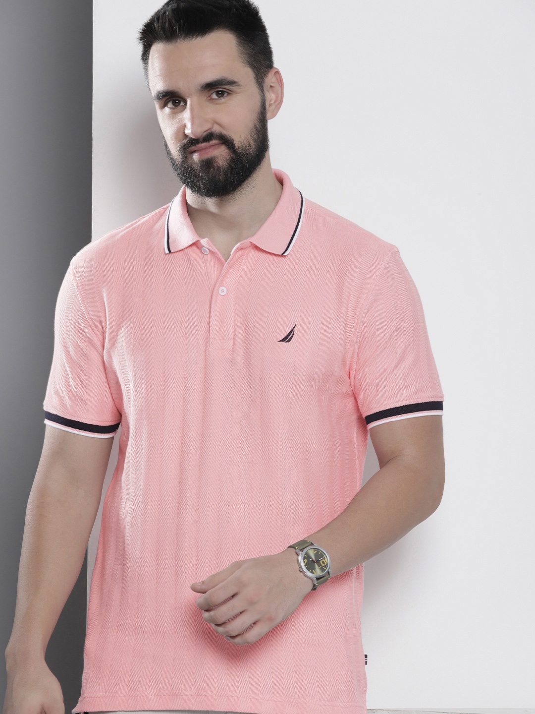 

Nautica Self Design Polo Collar Pure Cotton T-shirt, Pink