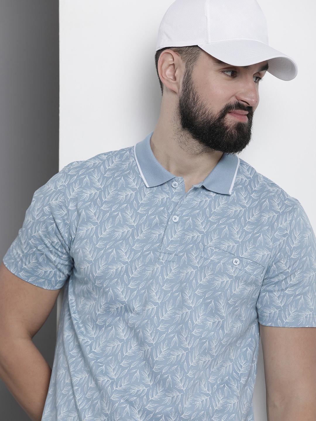 

Nautica Tropical Printed Polo Collar Pure Cotton With Chest Pocket T-shirt, Blue