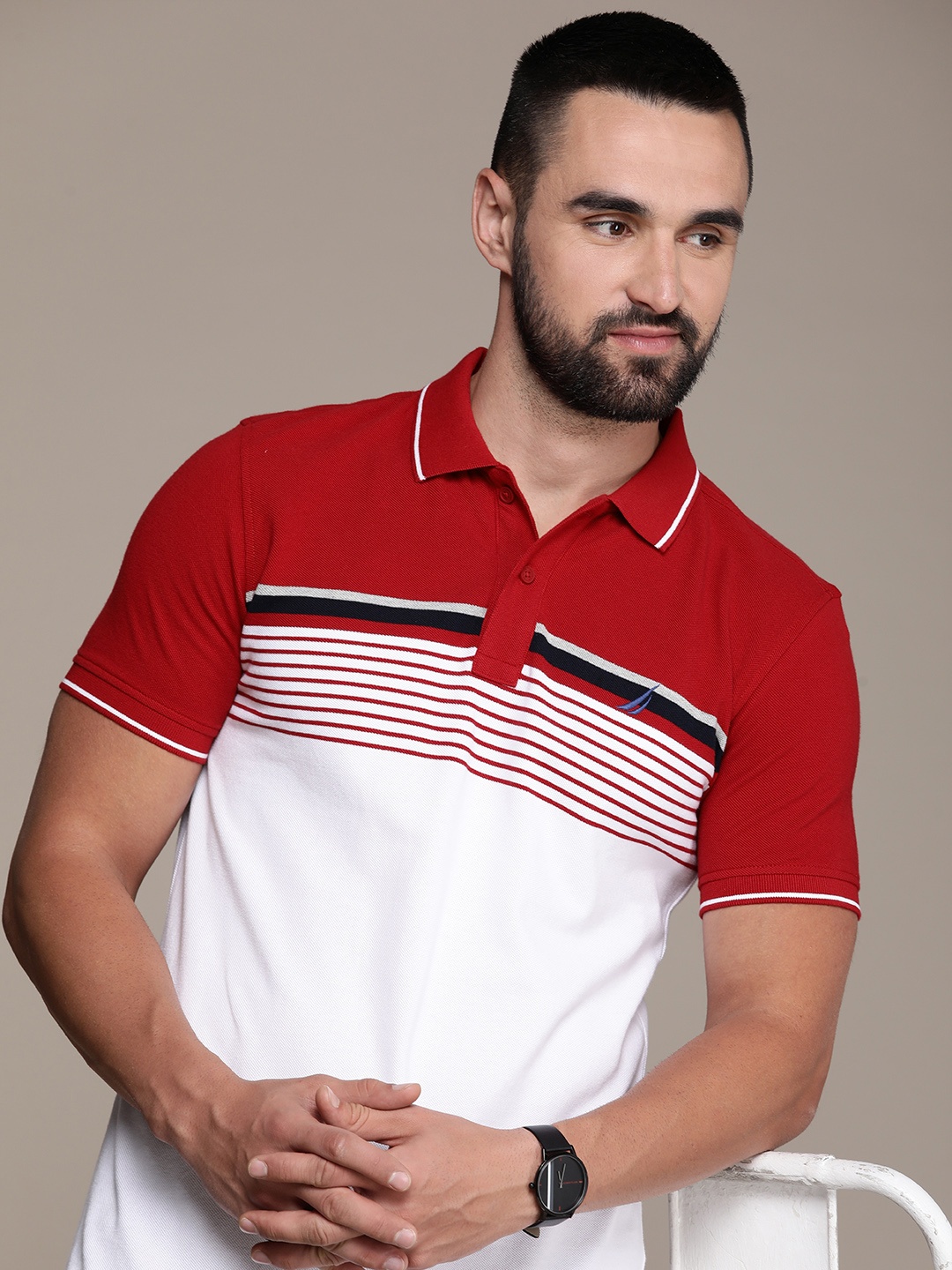

Nautica Striped & Colourblocked Polo Collar Pure Cotton T-shirt, Red
