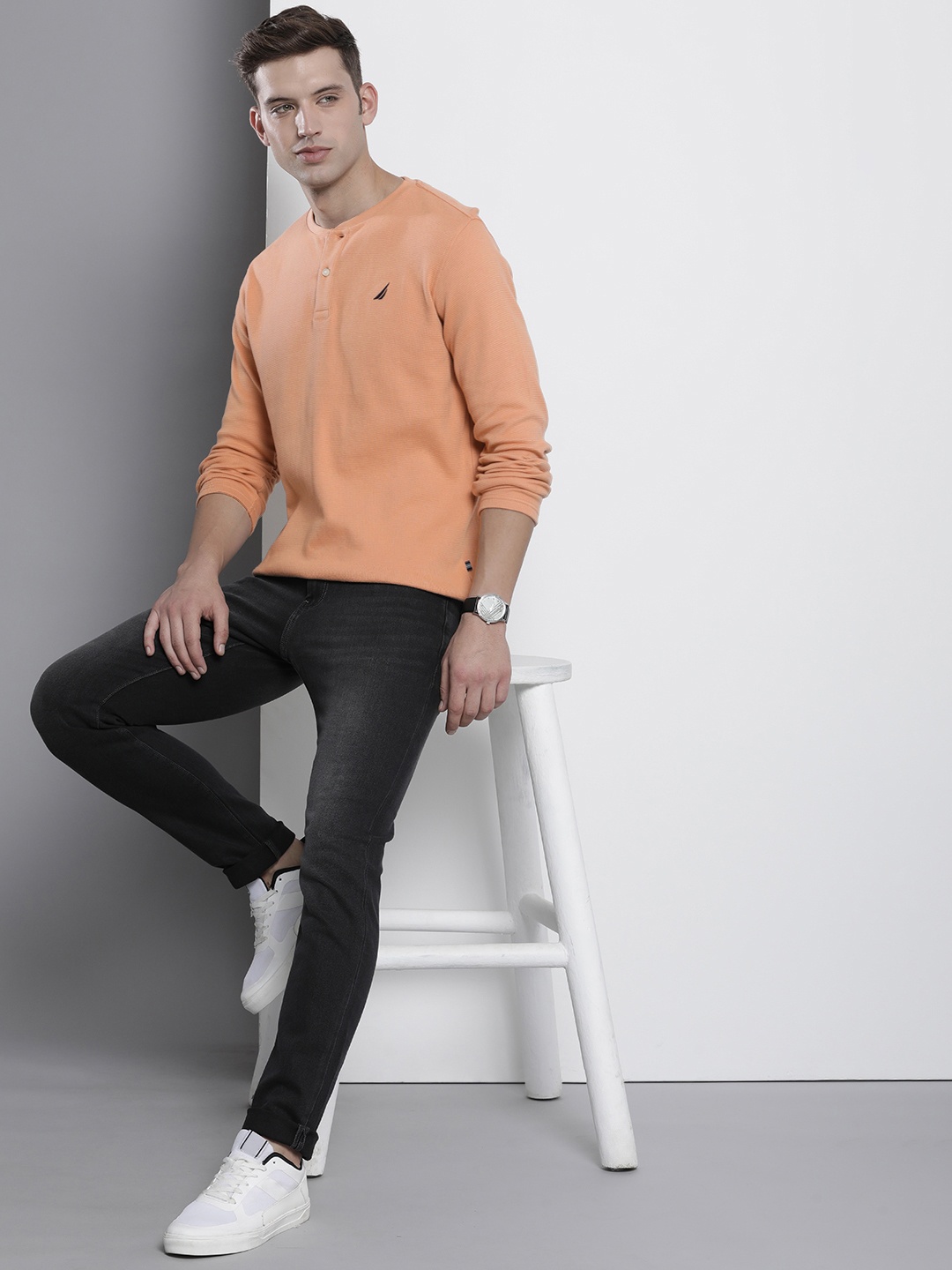 

Nautica Self Design Henley Neck Pure Cotton T-shirt, Beige