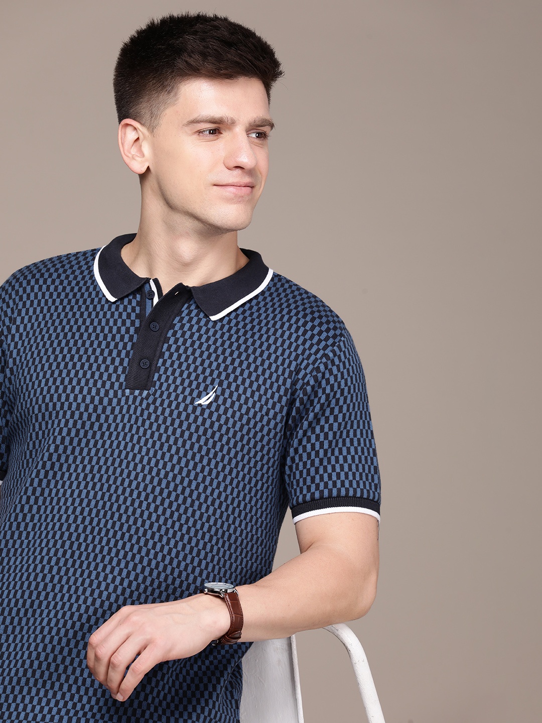 

Nautica Checked Polo Collar Pure Cotton T-shirt, Navy blue