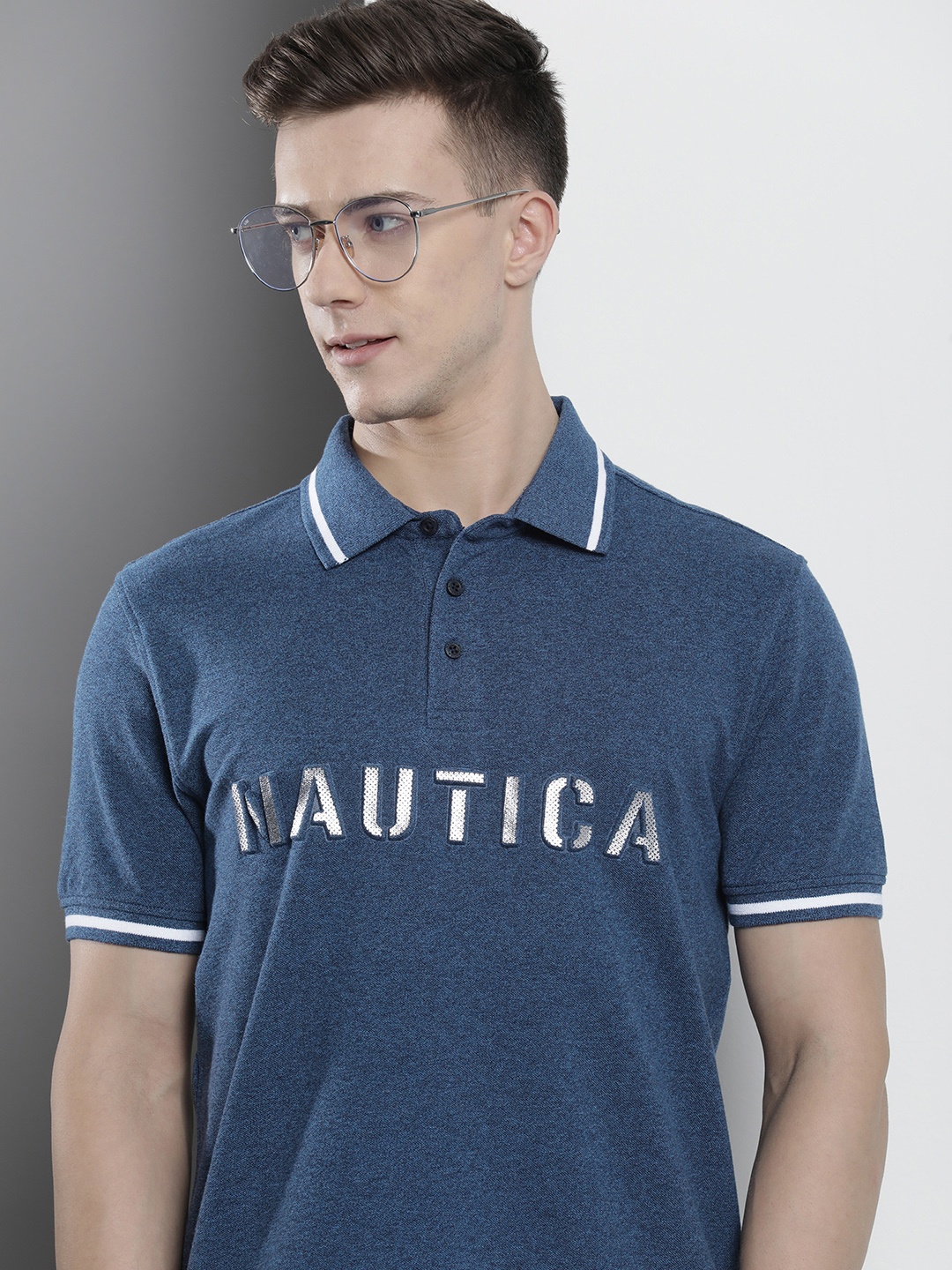 

Nautica Embossed Brand Logo Printed Polo Collar Pure Cotton T-shirt, Navy blue