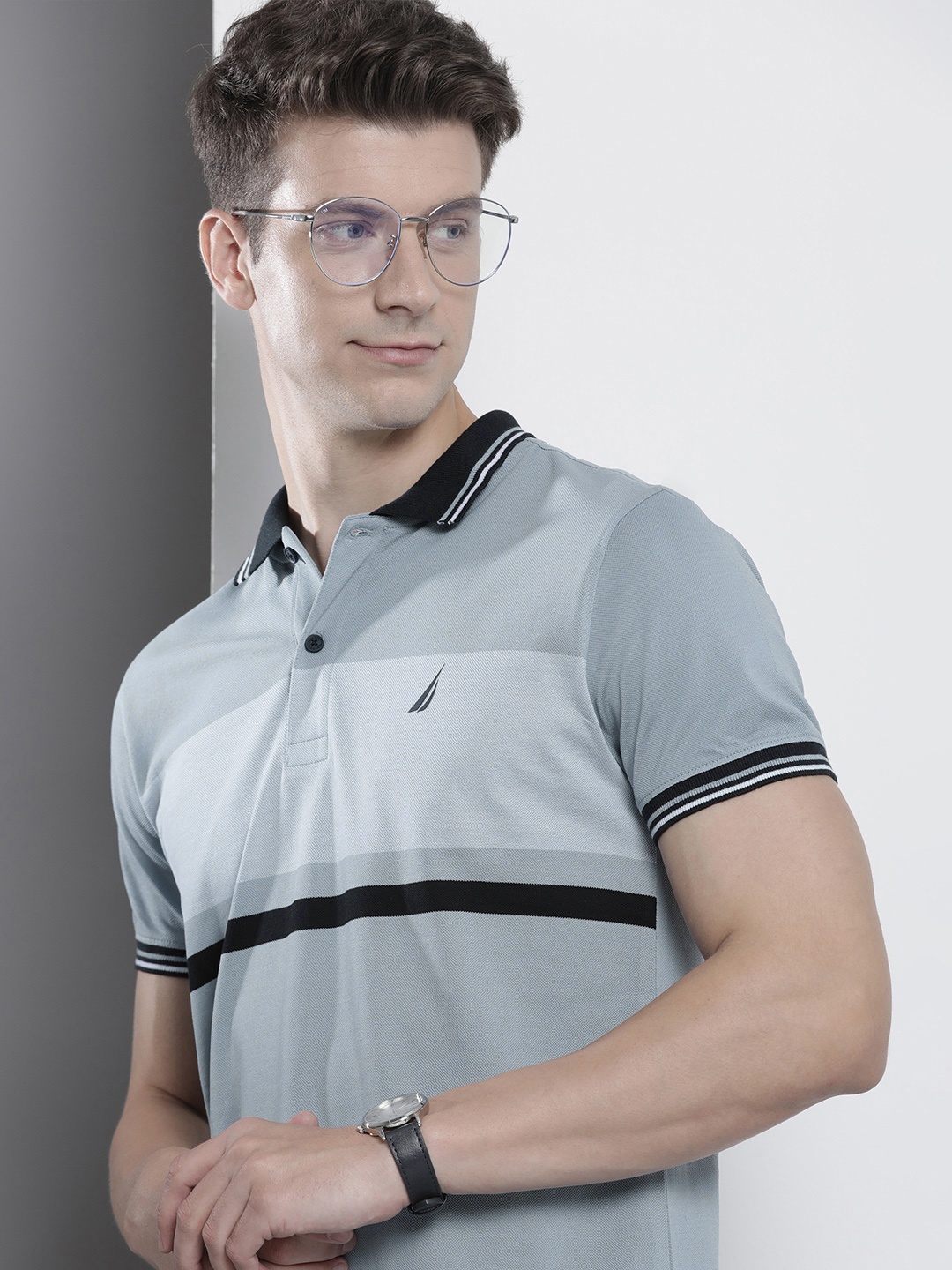 

Nautica Pure Cotton Polo Collar Striped Casual T-shirt, Blue