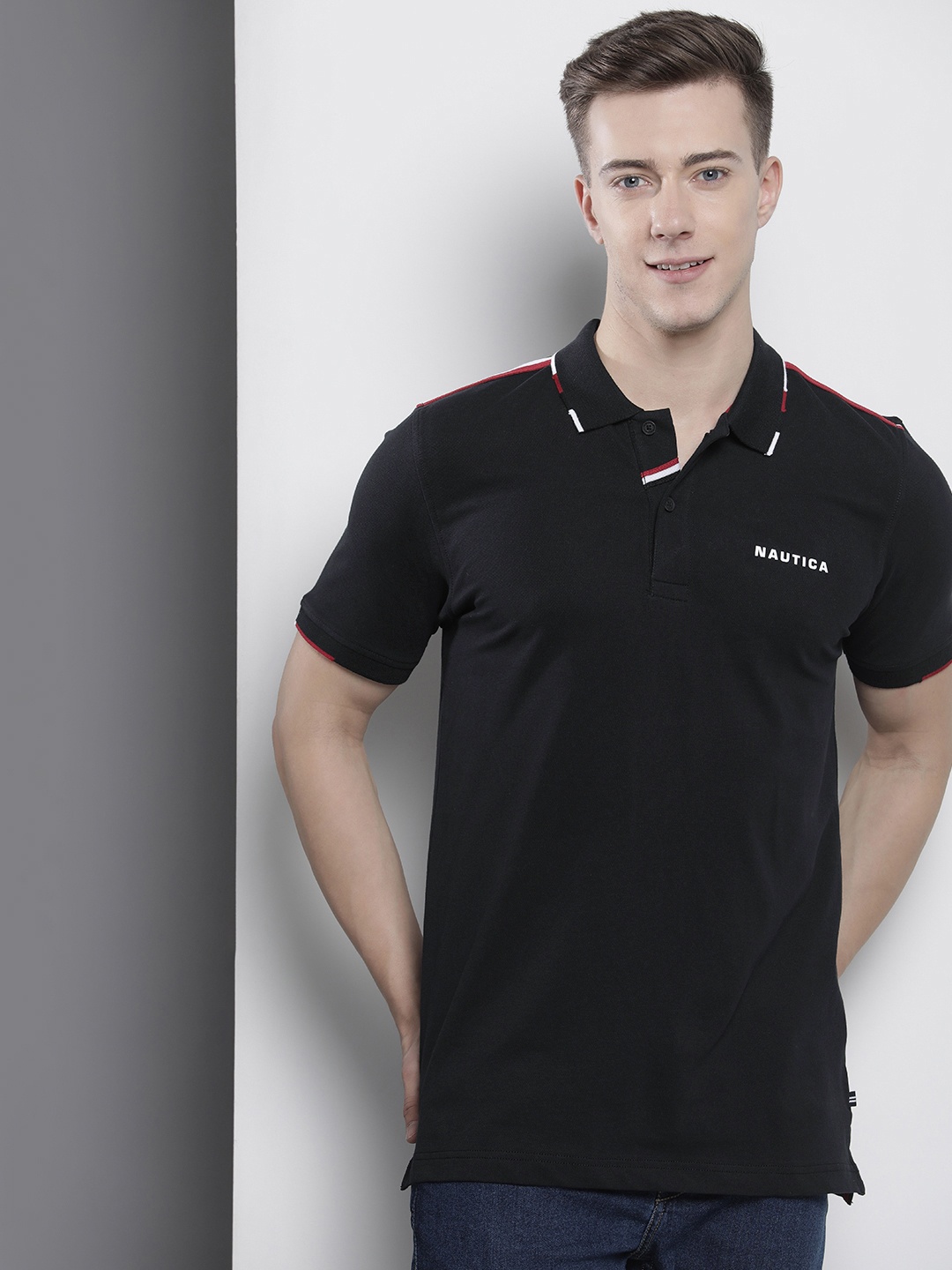 

Nautica Brand Logo Printed Polo Collar T-shirt, Black