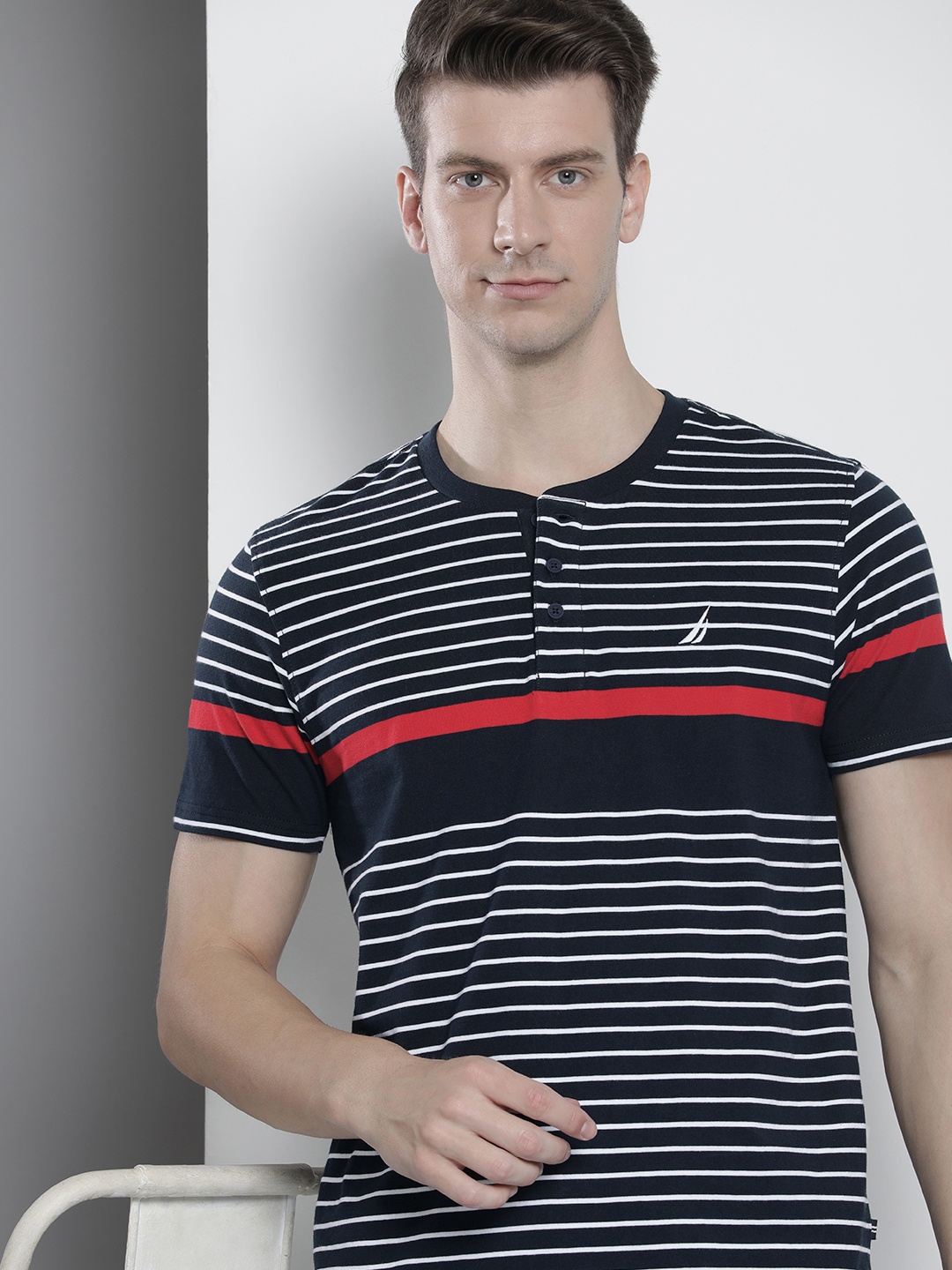 

Nautica Striped Henley Neck Pure Cotton T-shirt, Navy blue