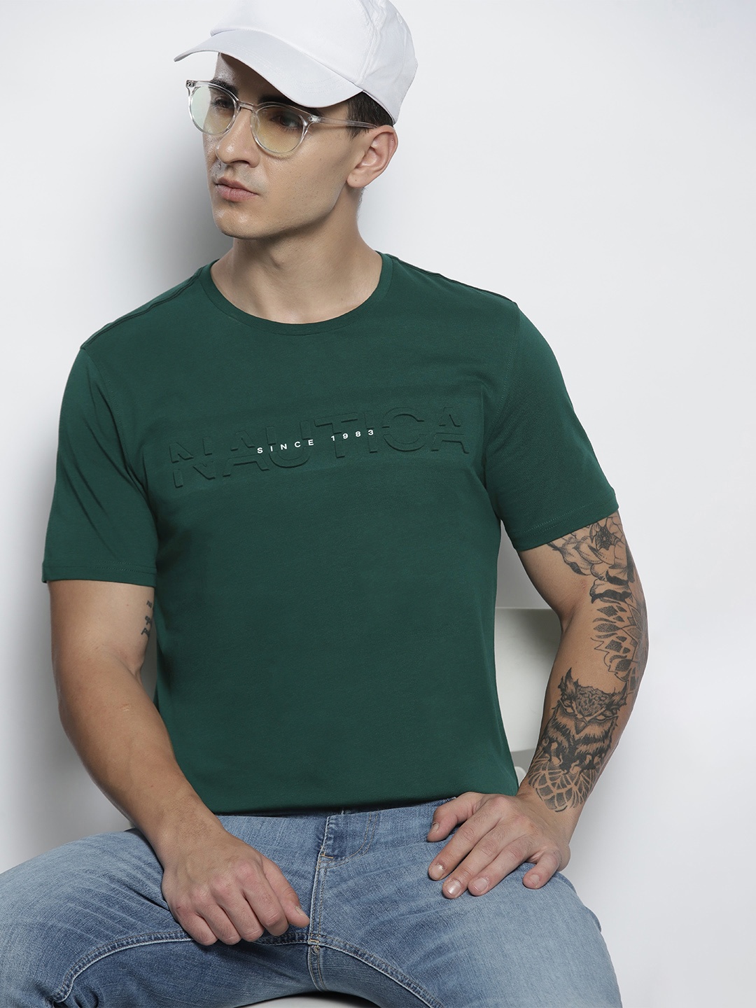 

Nautica Brand Logo Embossed Pure Cotton T-shirt, Green