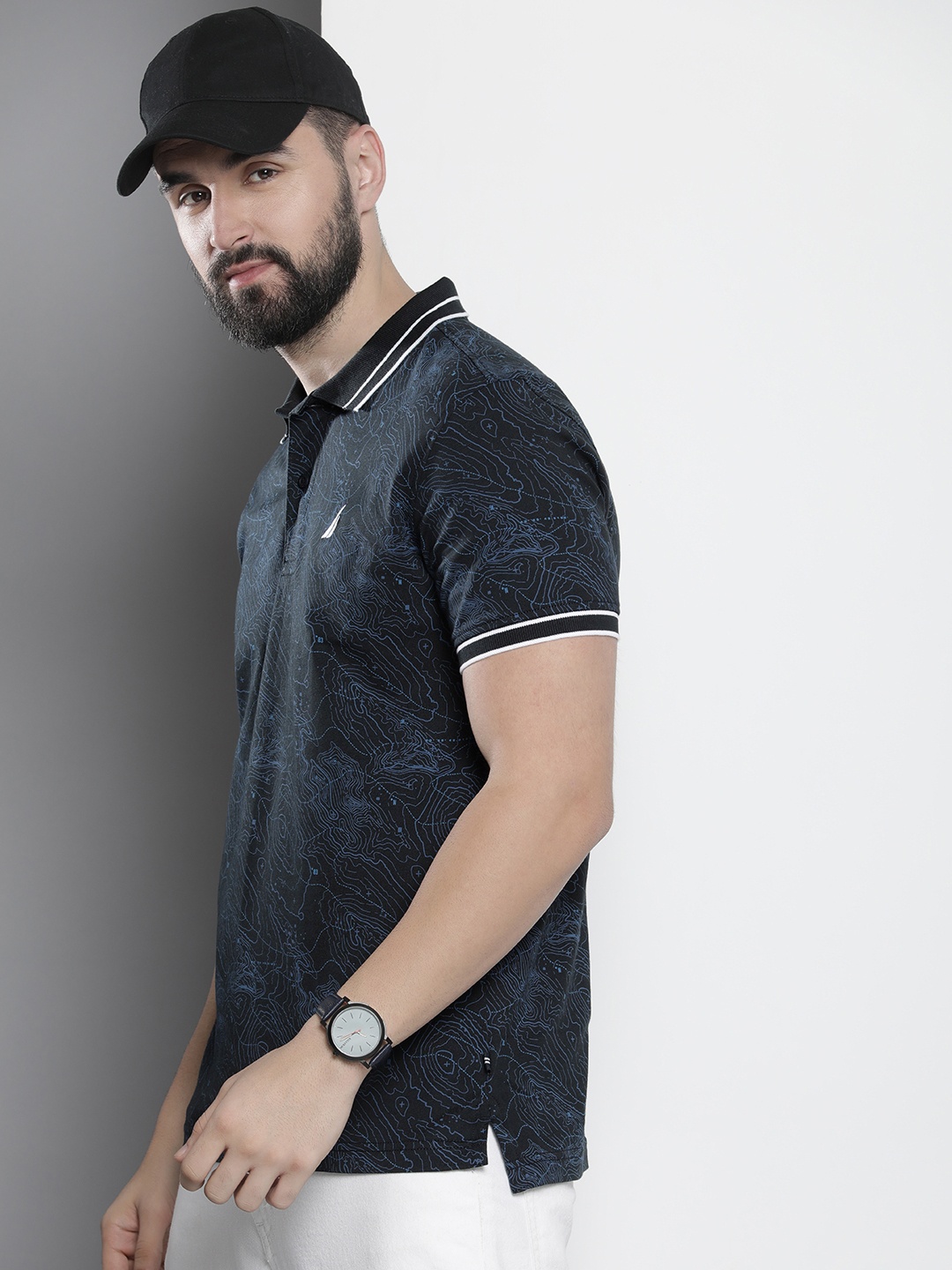 

Nautica Abstract Printed Polo Collar Pure Cotton T-shirt, Navy blue