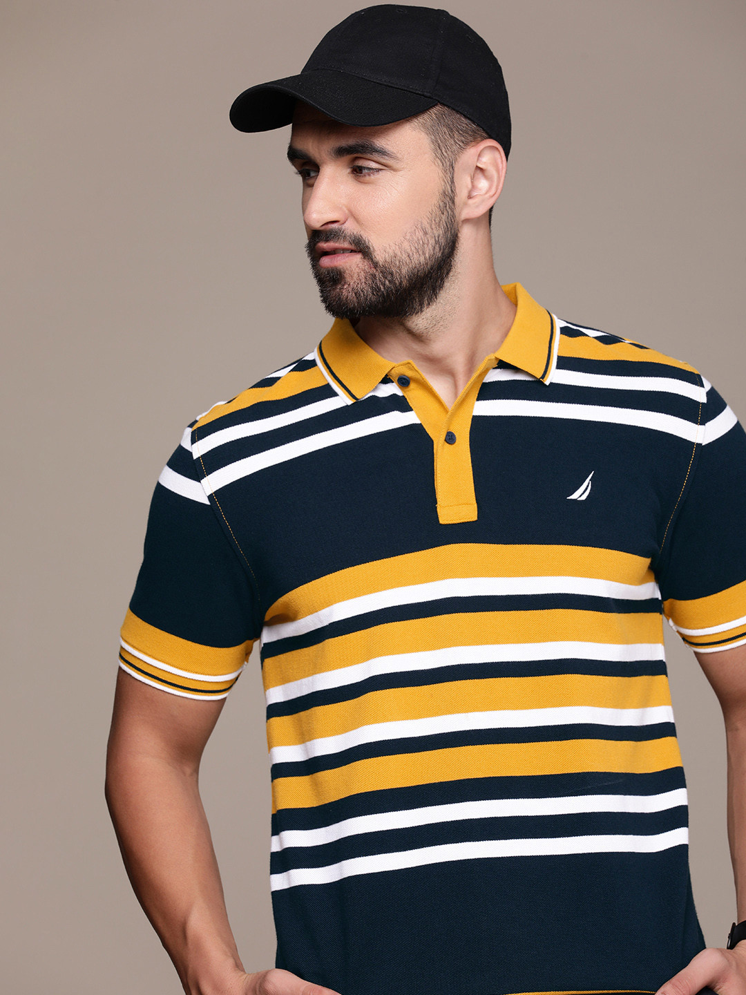 

Nautica Striped Polo Collar Pure Cotton T-shirt, Mustard