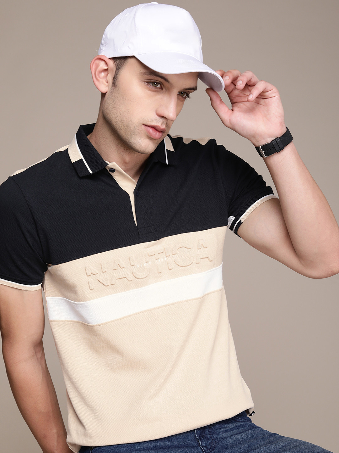 

Nautica Colourblocked Brand Logo Embossed Polo Collar Pure Cotton T-shirt, Beige