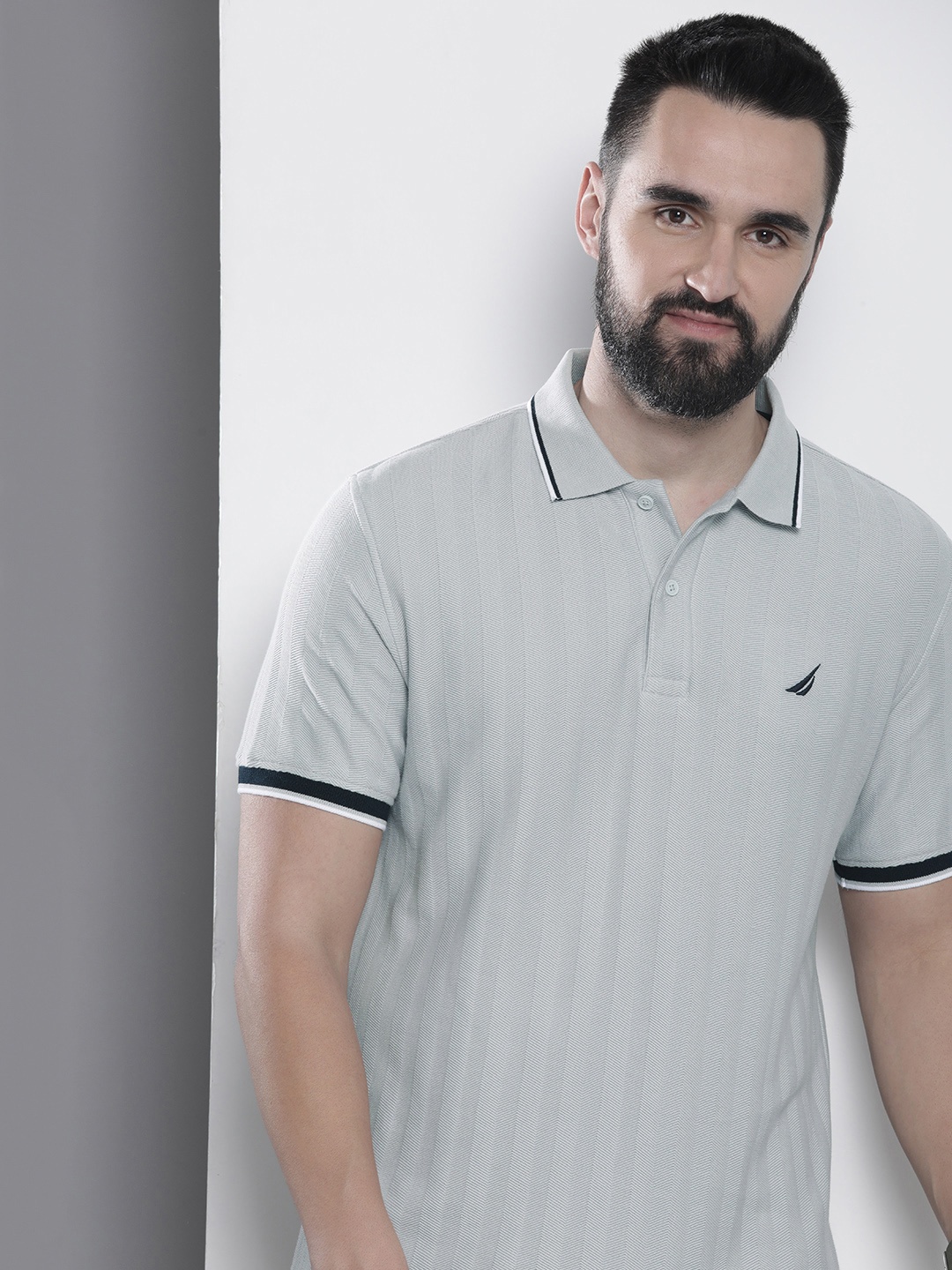 

Nautica Self Design Polo Collar Pure Cotton T-shirt, Grey