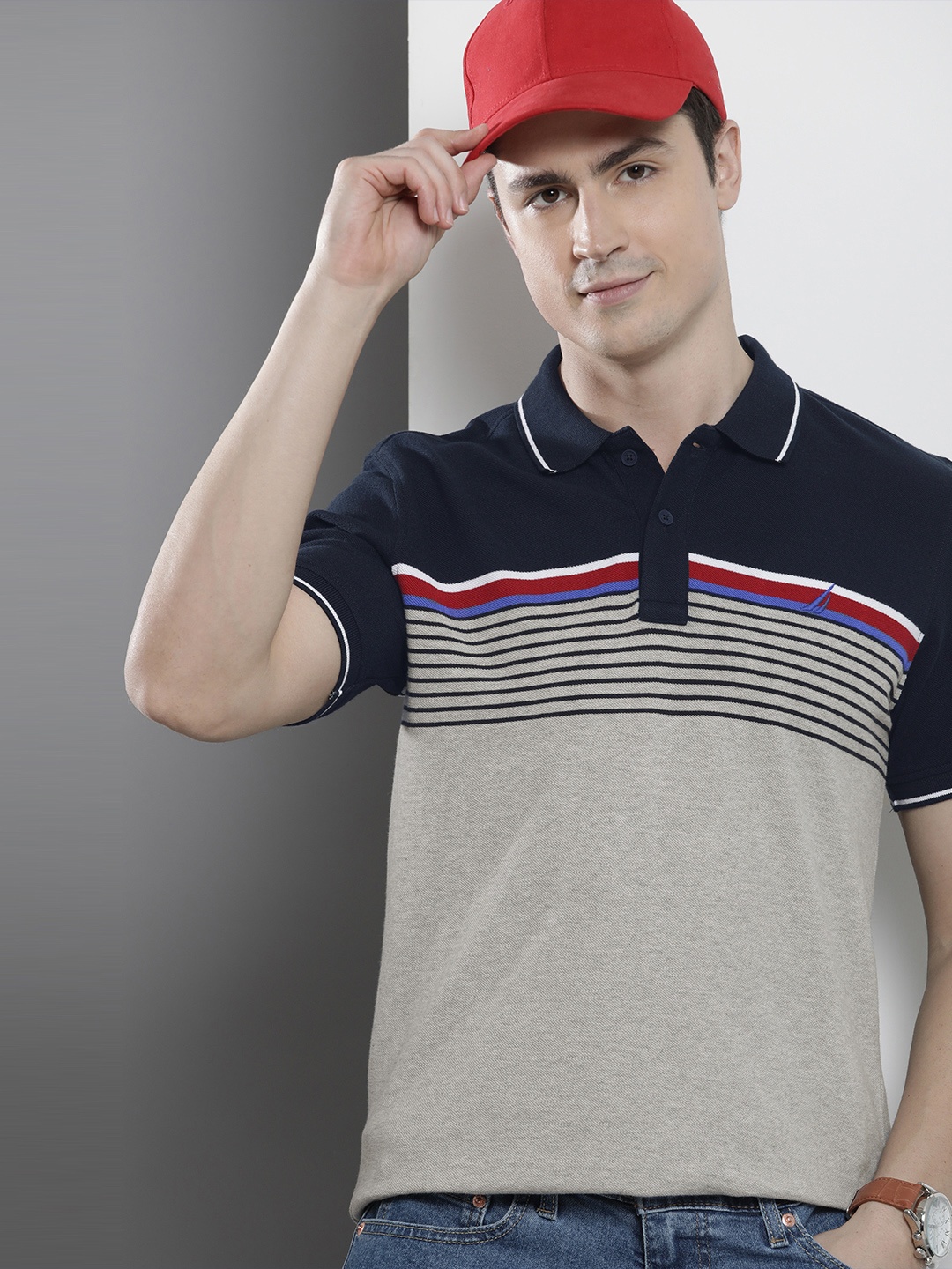 

Nautica Striped Polo Collar Pure Cotton T-shirt, Grey