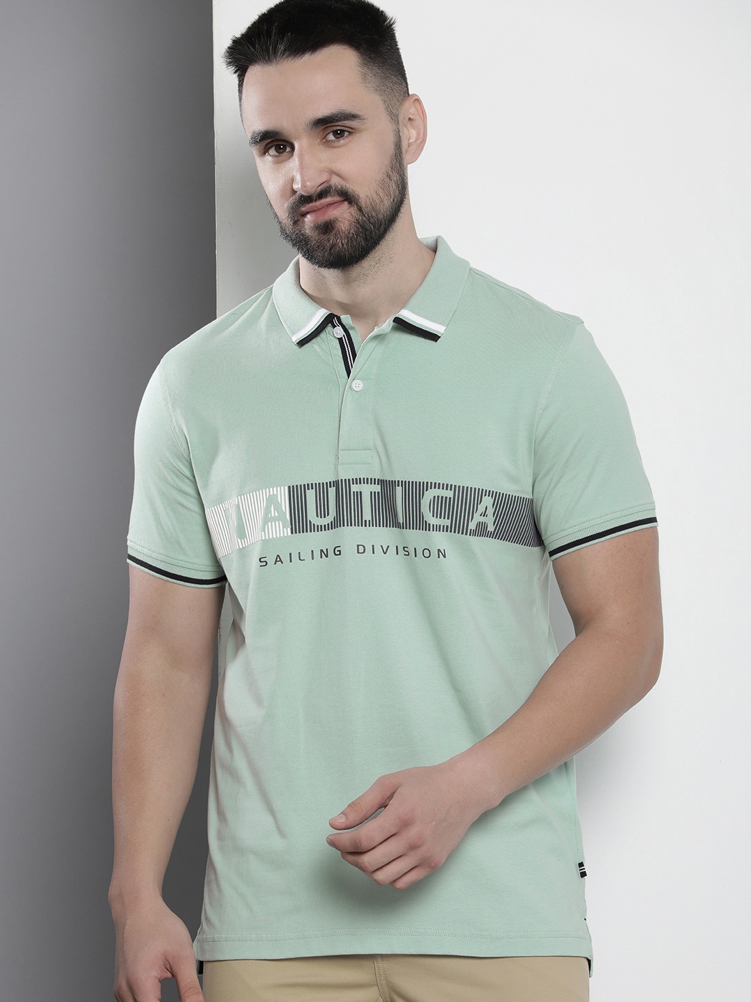 

Nautica Pure Cotton Brand Logo Printed Polo Collar Casual T-shirt, Green