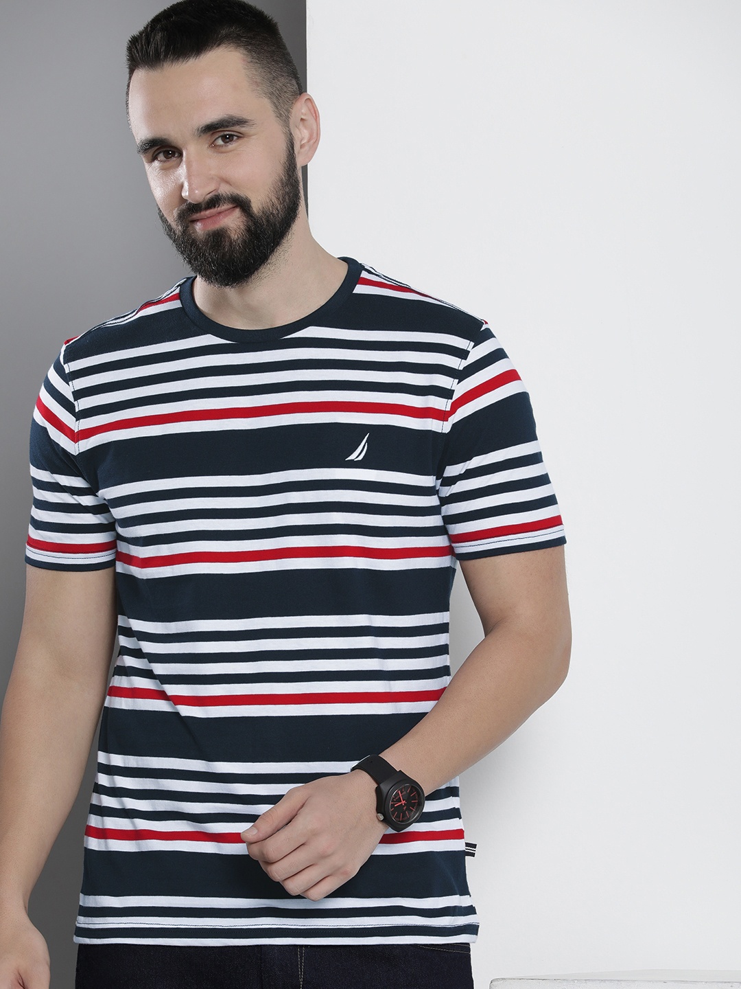 

Nautica Striped Pure Cotton Casual T-shirt, Navy blue