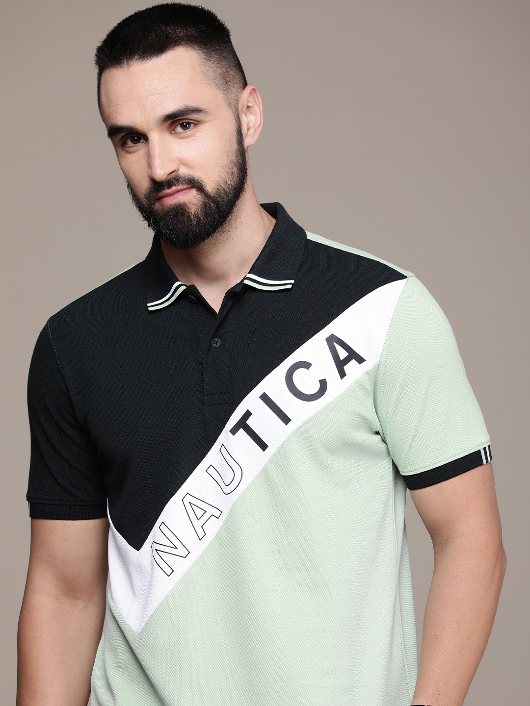 

Nautica Brand Logo Colourblocked Polo Collar Pure Cotton T-shirt, Navy blue