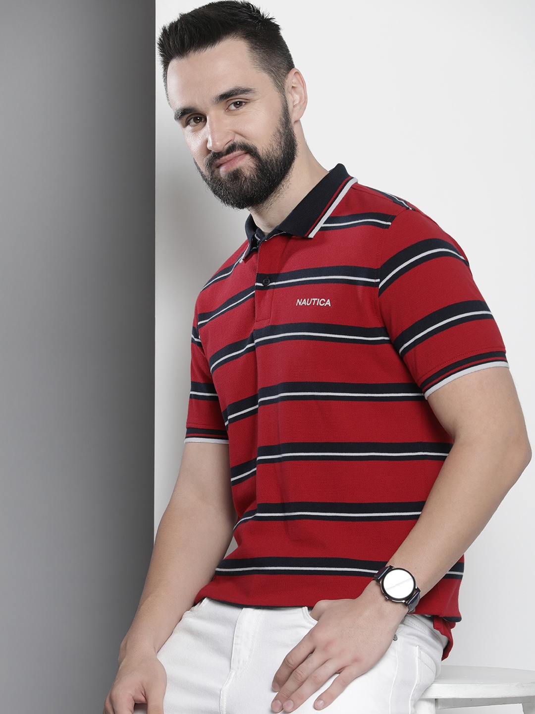 

Nautica Striped Polo Collar Pure Cotton T-shirt, Red