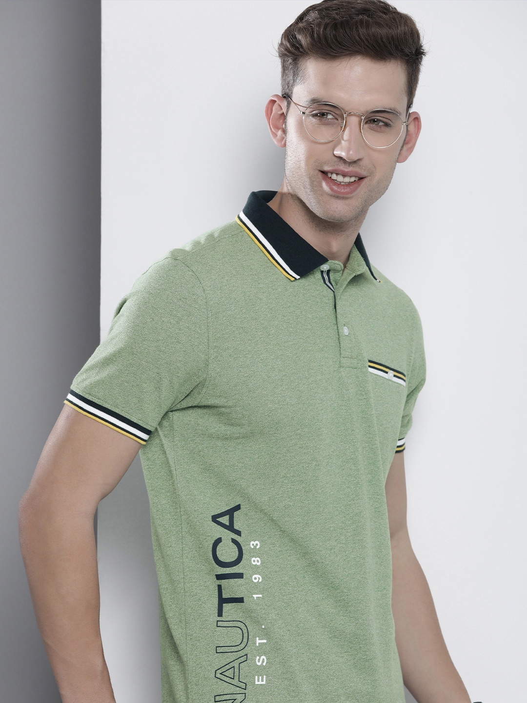 

Nautica Brand Logo Printed Polo Collar Pure Cotton T-shirt, Green