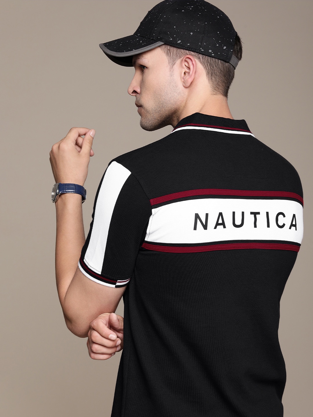 

Nautica Brand Logo Printed Polo Collar Pure Cotton T-shirt, Black