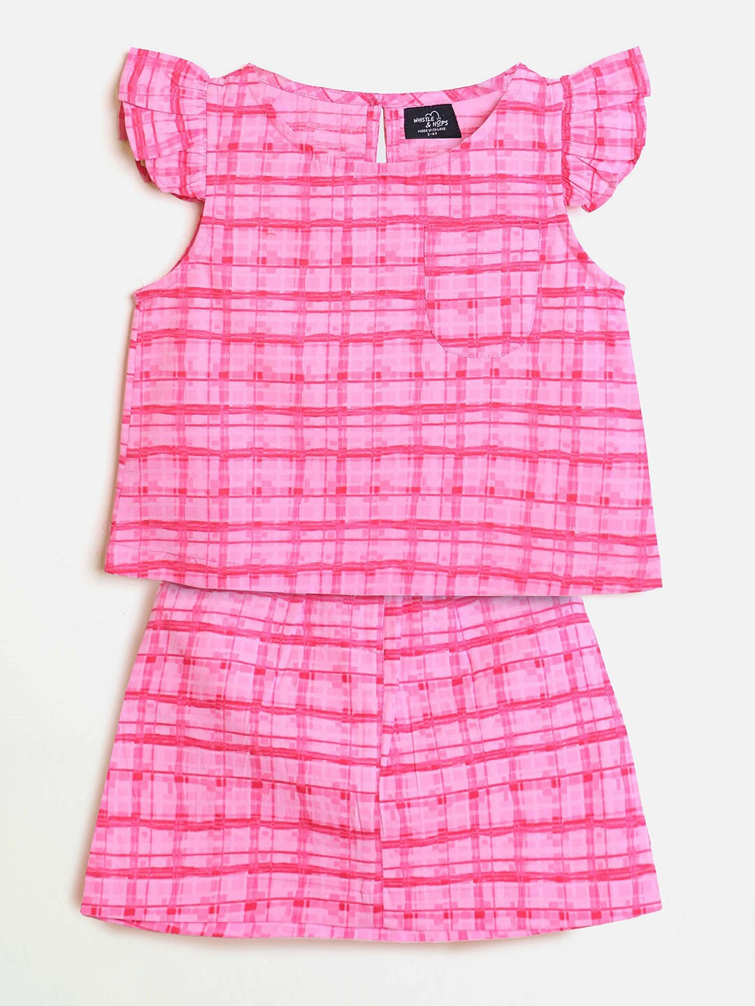 

Whistle & Hops Girls Checked Pure Cotton Top With Skirt, Pink