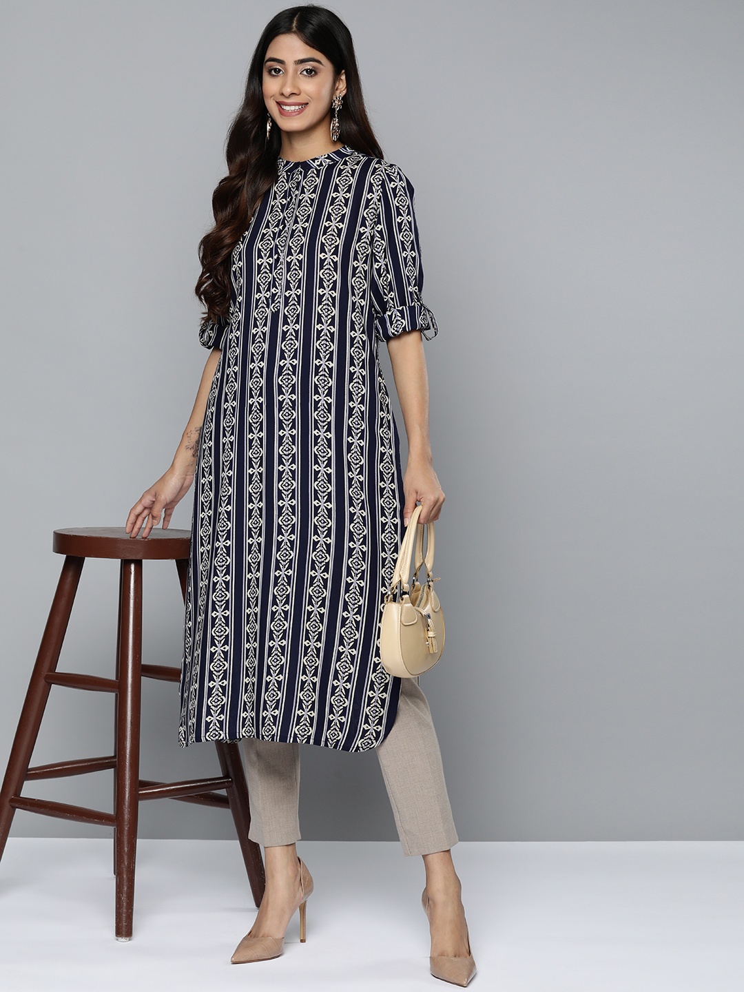 

HERE&NOW Women Navy Blue Geometric Printed Asymmetric Kurta