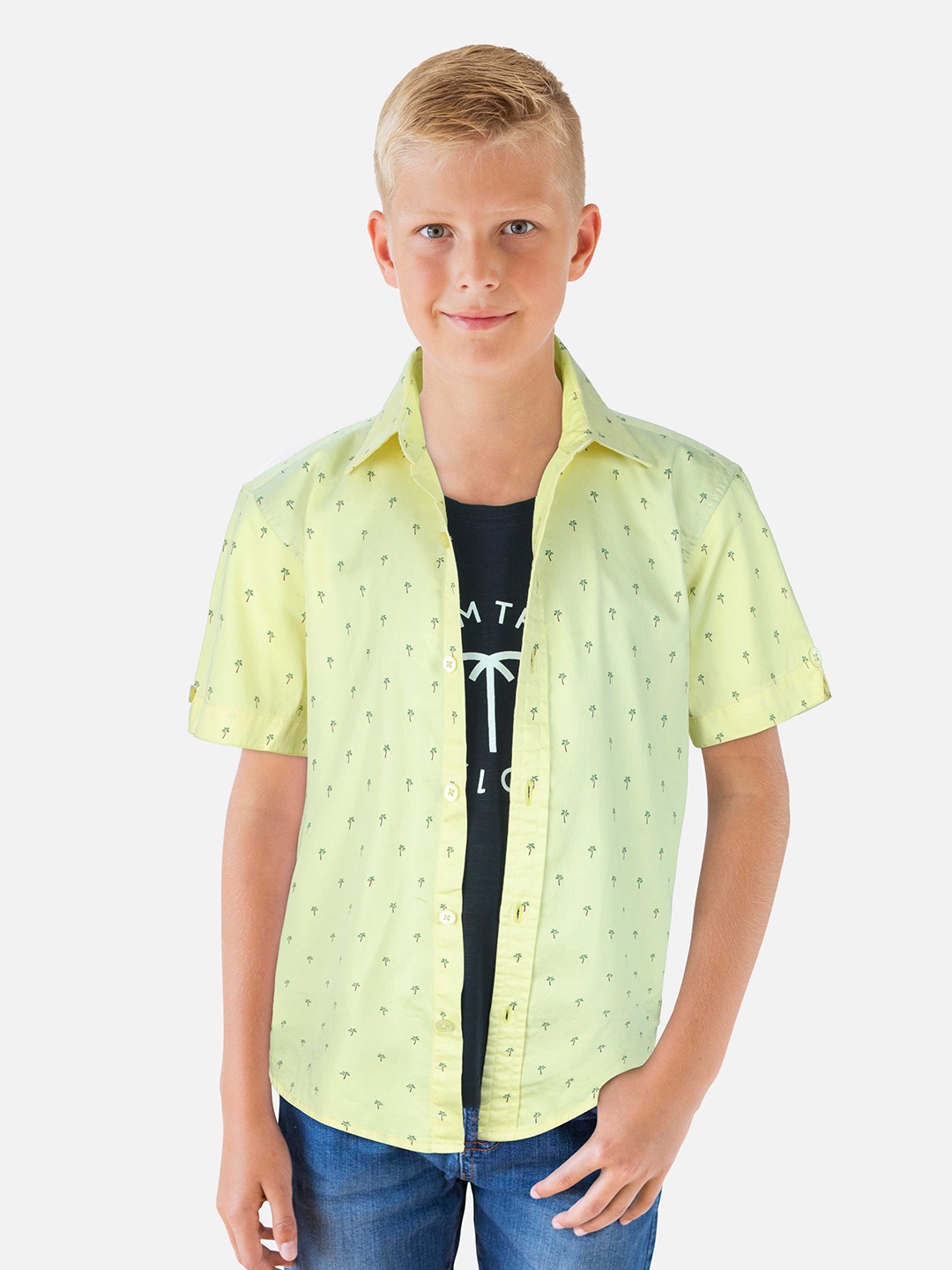 

Palm Tree Boys Micro Ditsy Printed Cotton Casual Shirt, Yellow