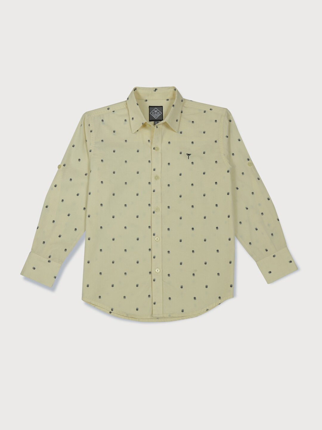 

Palm Tree Boys Micro Ditsy Printed Roll Up Sleeves Cotton Casual Shirt, Yellow