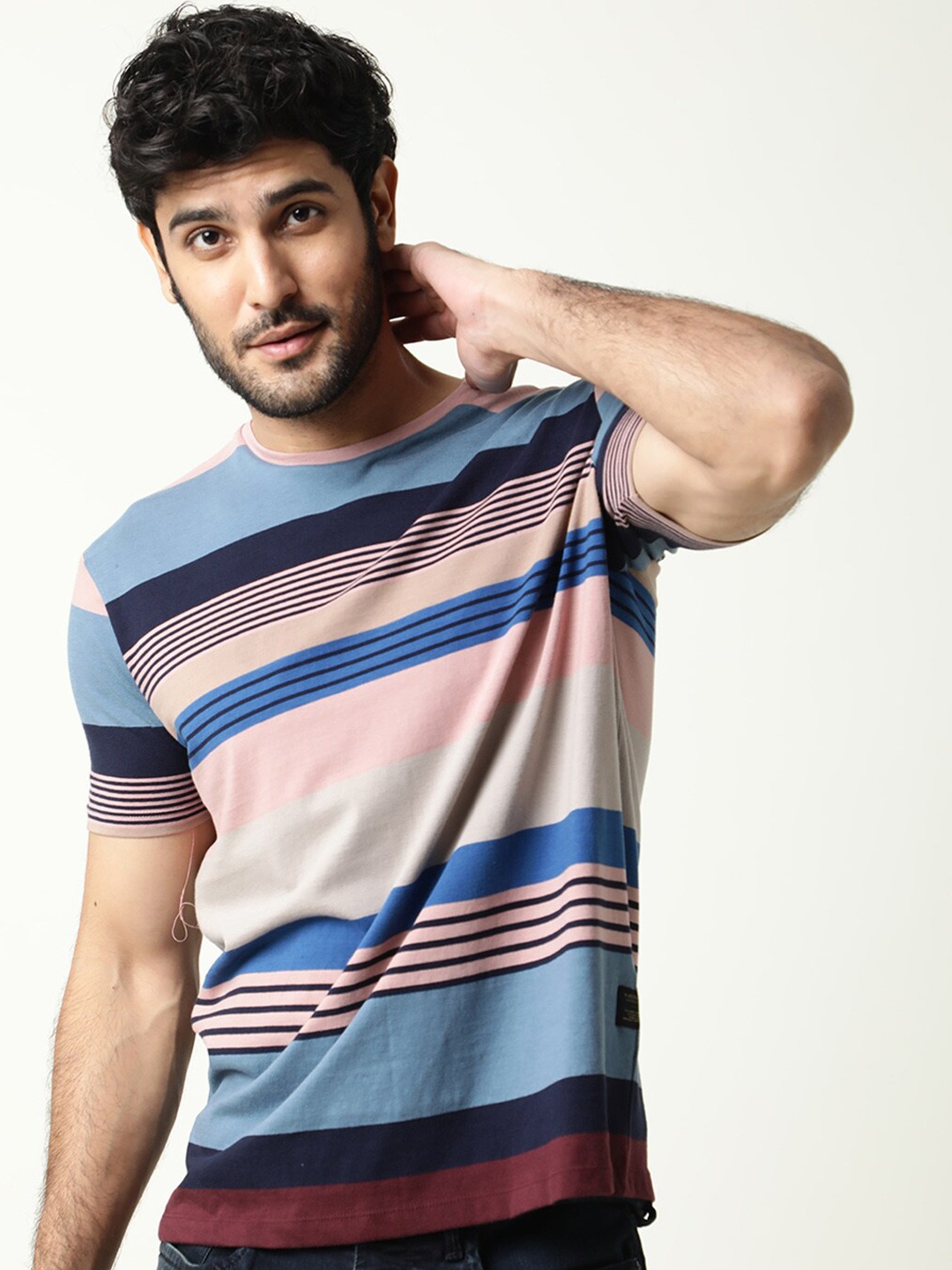 

RARE RABBIT Men Bakerr Round Neck Slim Fit Cotton T-Shirt, Blue