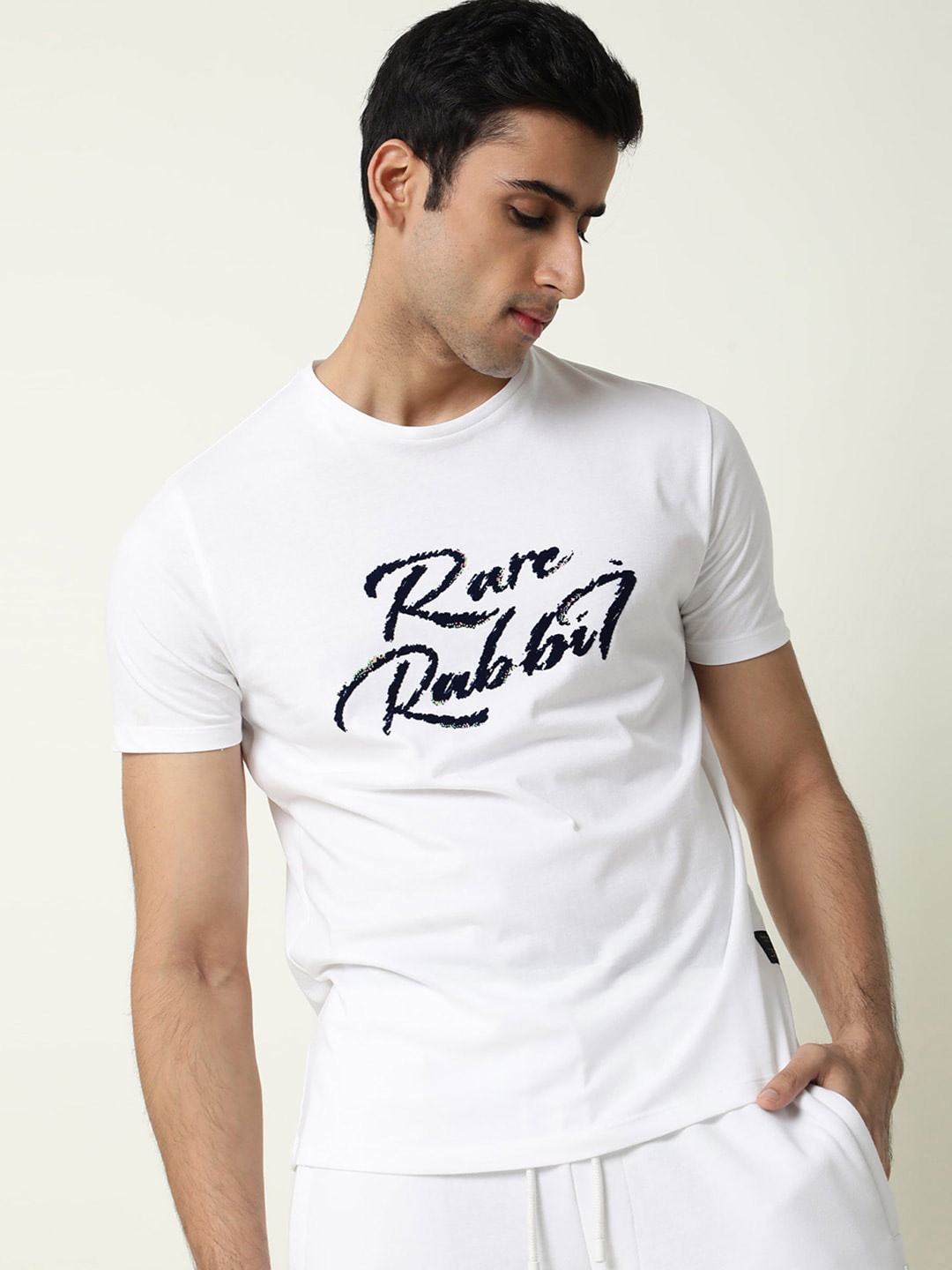 

RARE RABBIT Men Flecky Typography Round Neck Slim Fit Cotton T-Shirt, White