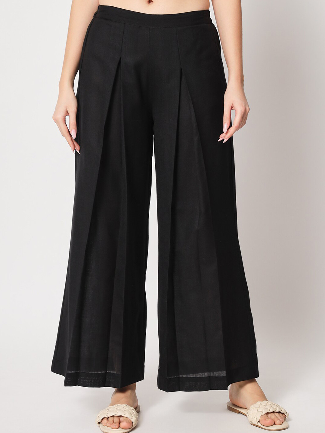 

9rasa Women Box Pleated Partially Elasticated Cotton Flared Palazzo, Black