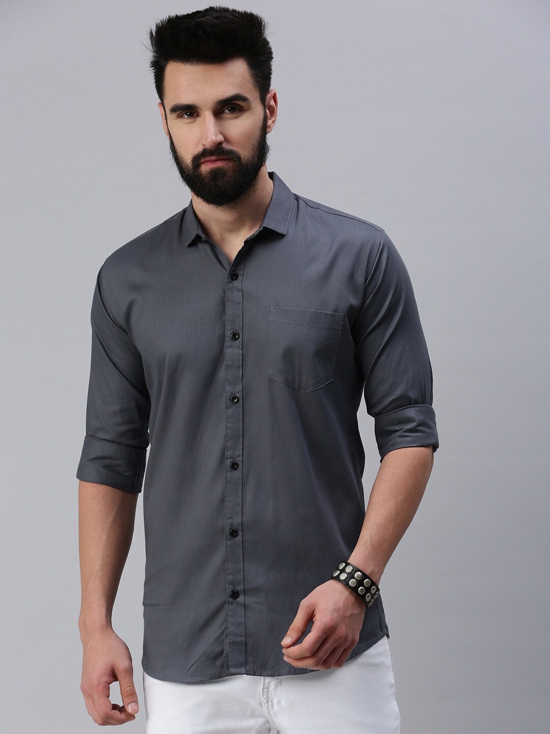 

Rodzen Standard Opaque Cotton Casual Shirt, Grey