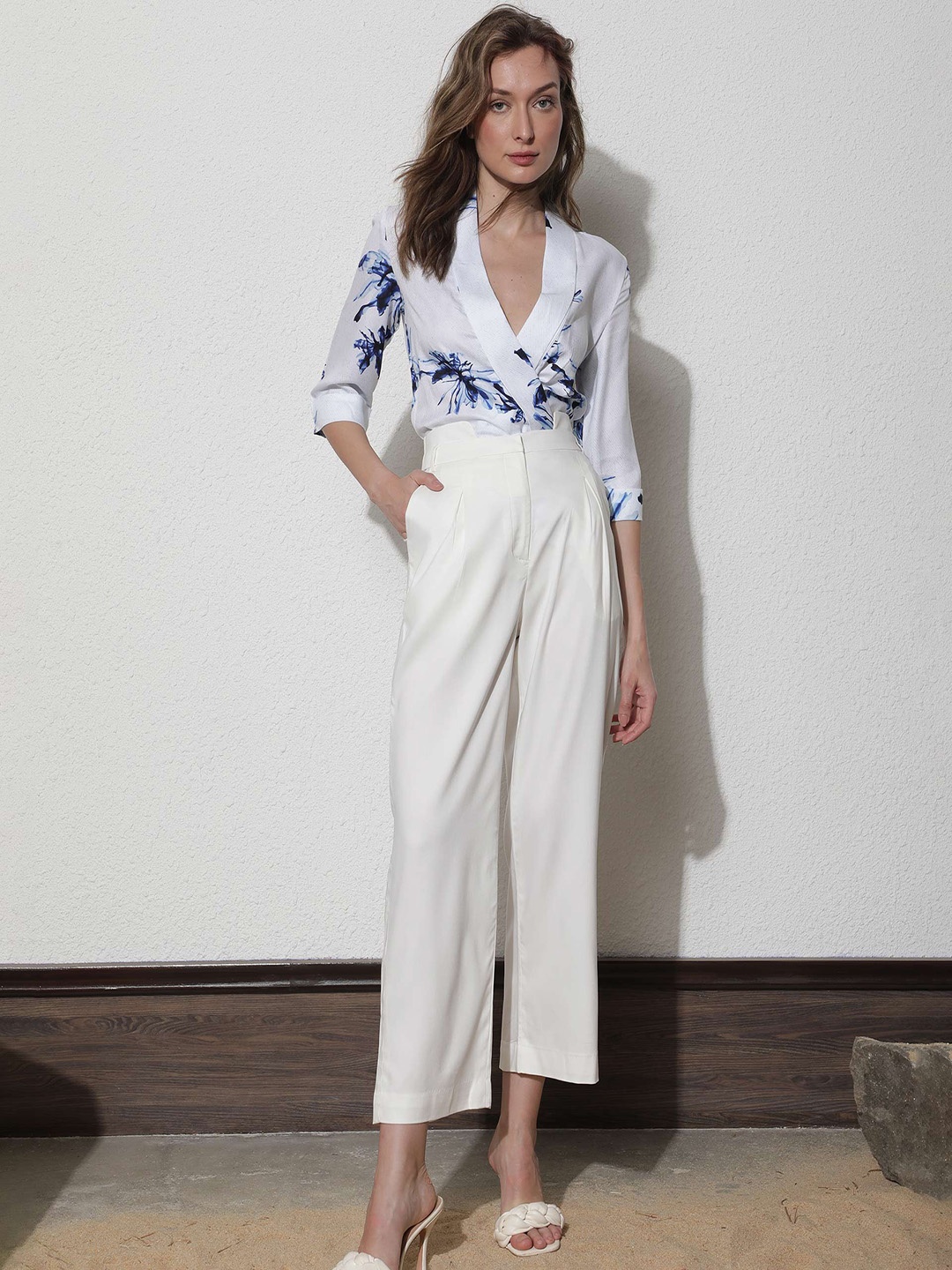 

RAREISM Women Pleated Slim Fit High-Rise Regular Trousers, Off white