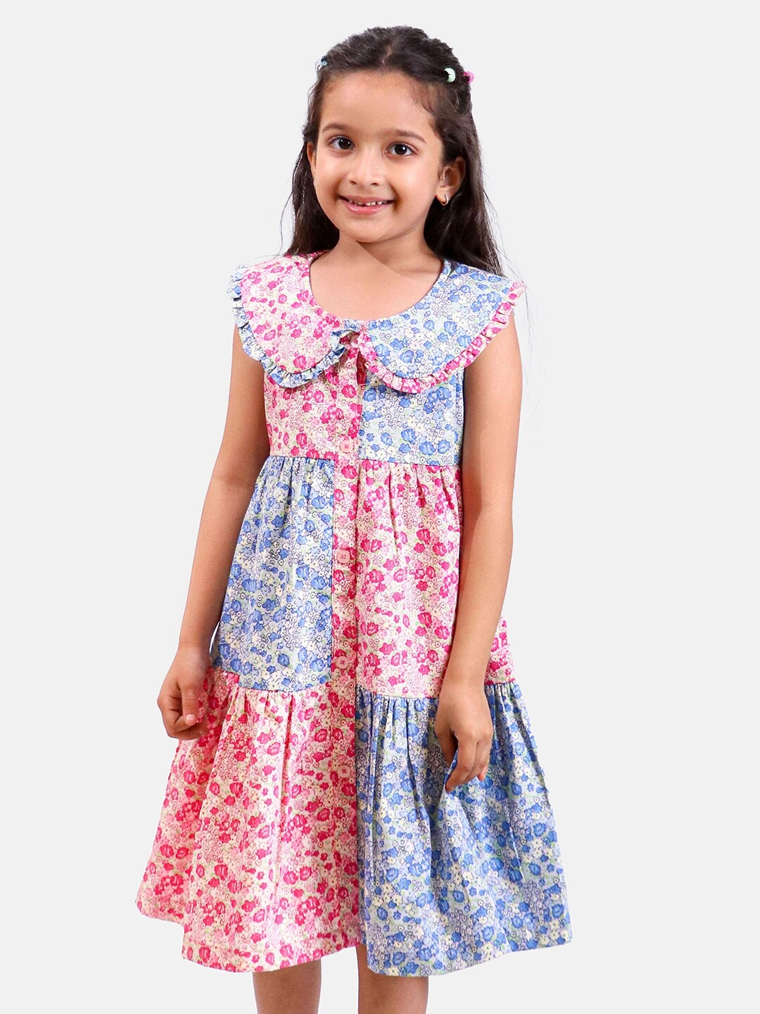 

Whistle & Hops Girls Floral Printed Peter Pan Collar Pure Cotton Fit & Flare Dress, Pink