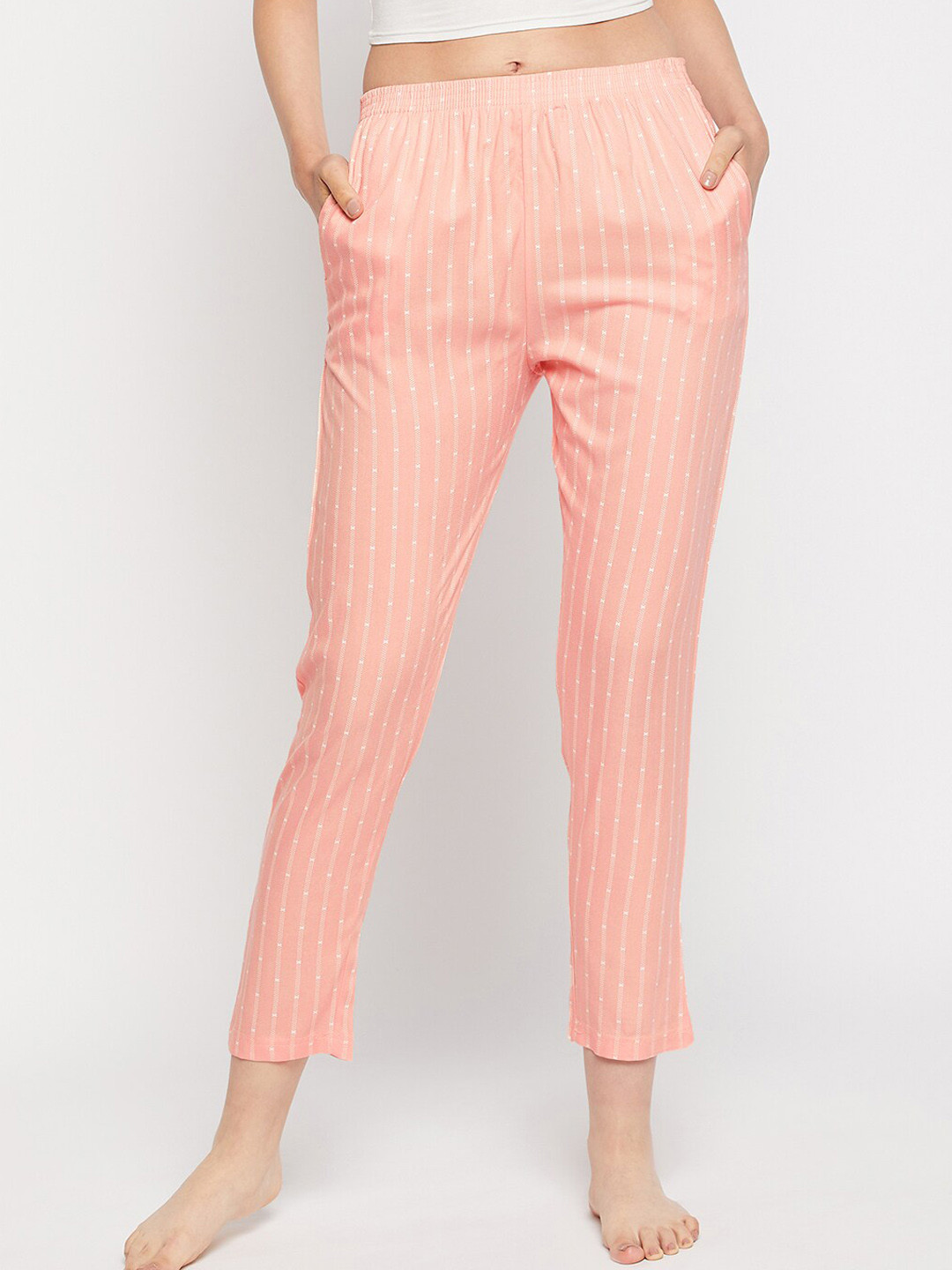 

FirstKrush Women Striped Mid Rise Woven Straight Lounge Pants, Peach
