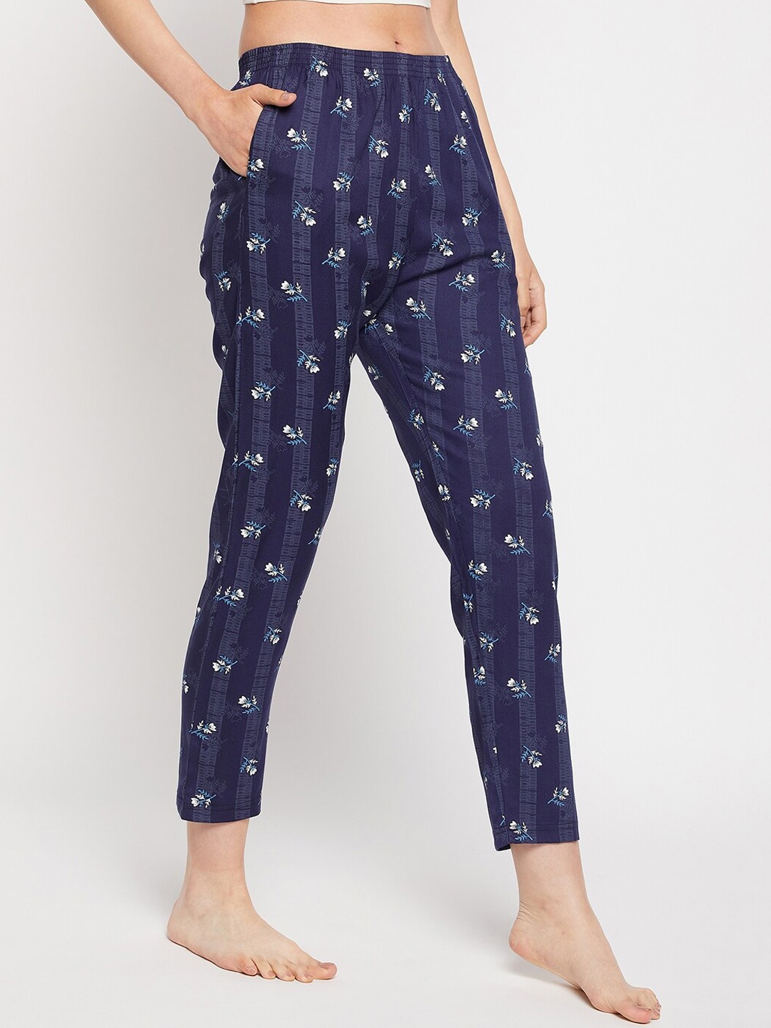 

FirstKrush Women Floral Printed Mid-Rise Straight Lounge Pants, Navy blue