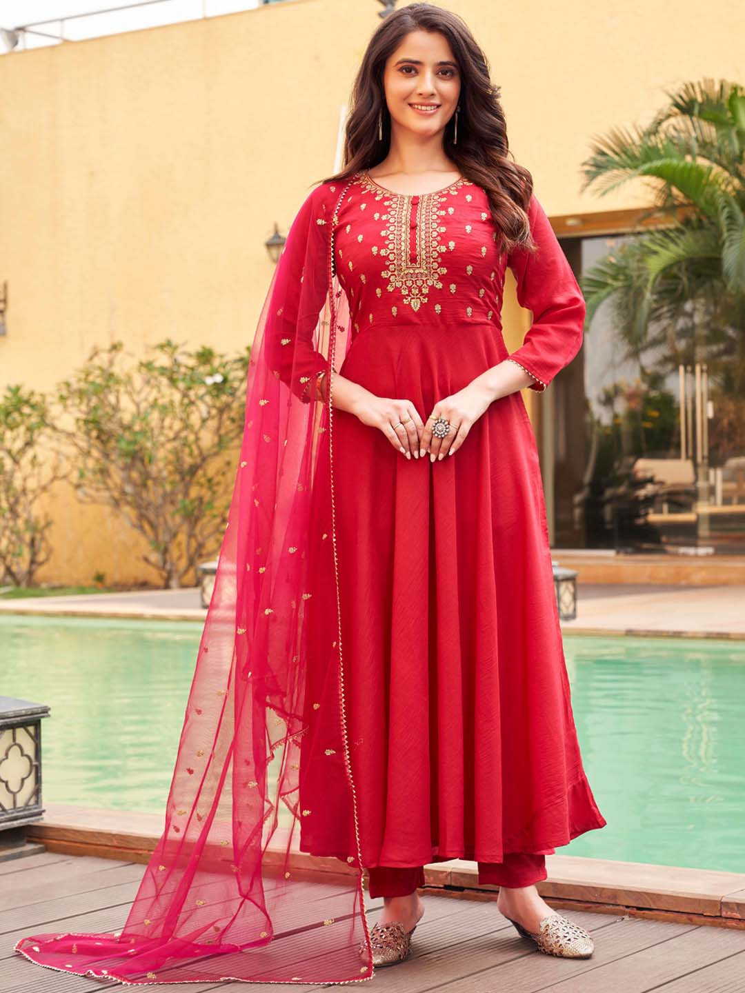 

Tikhi Imli Ethnic Motifs Yoke Design Sequins Work Empire Kurta With Trousers & Dupatta, Fuchsia