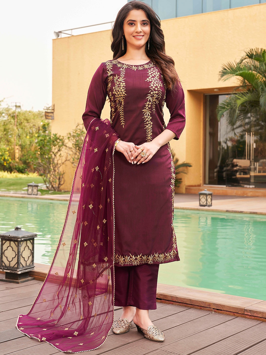 

Tikhi Imli Maroon Floral Embroidered Zari Kurta with Trousers & With Dupatta